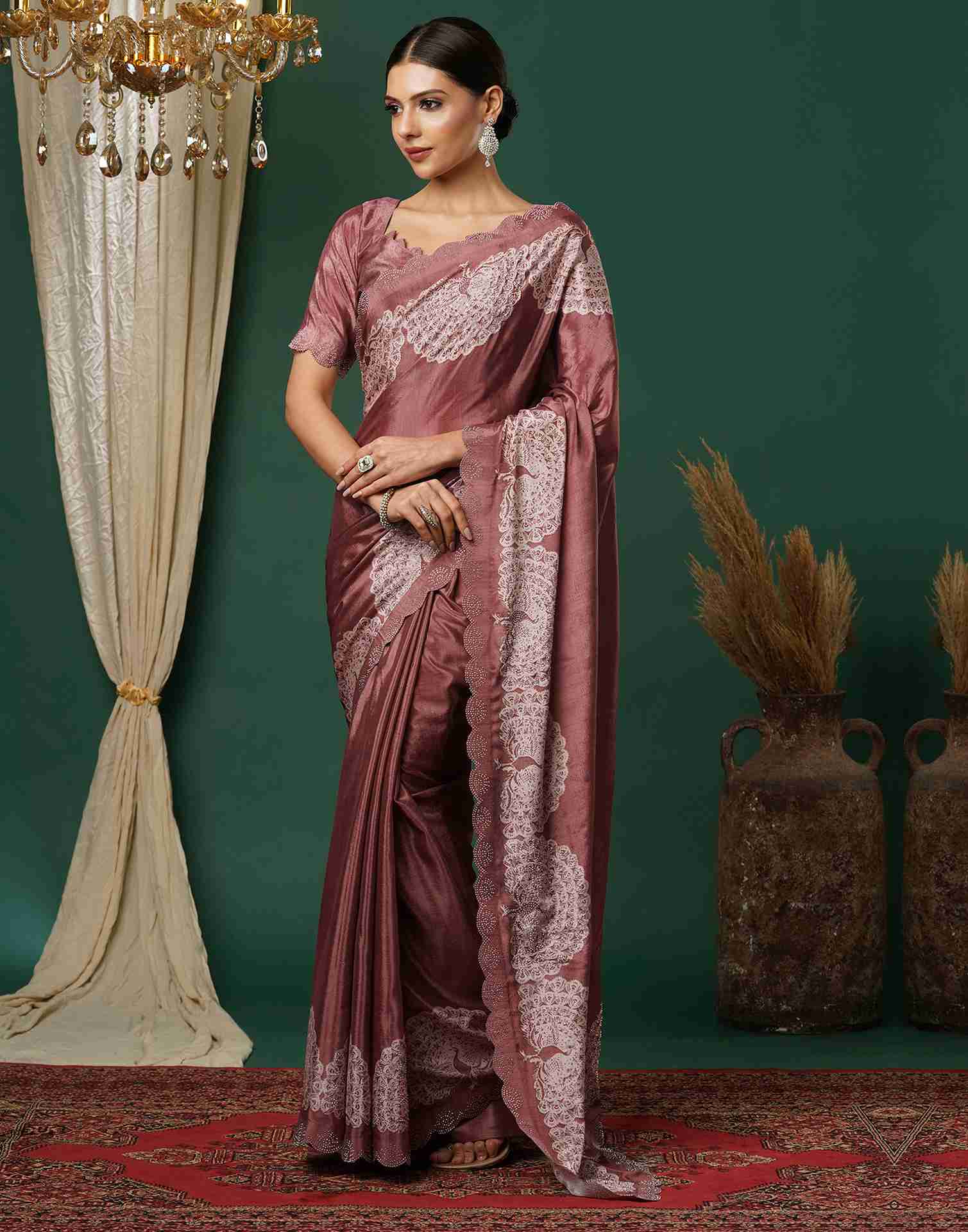 Chestnut Brown Silk Stone Work Swarovski Saree