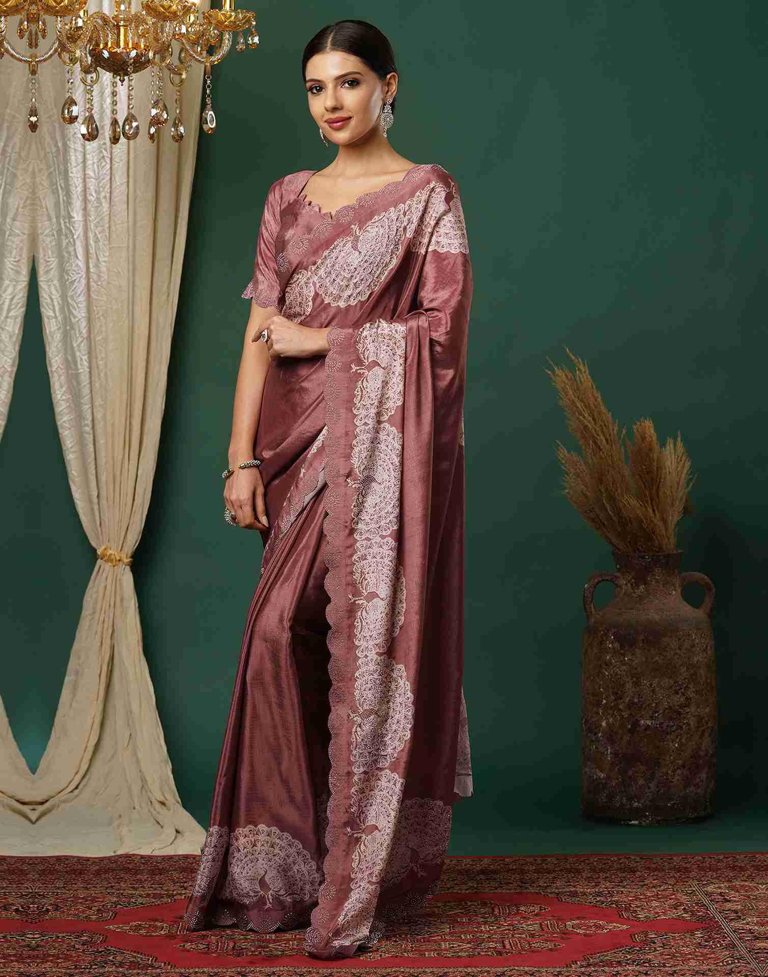 Chestnut Brown Silk Stone Work Swarovski Saree