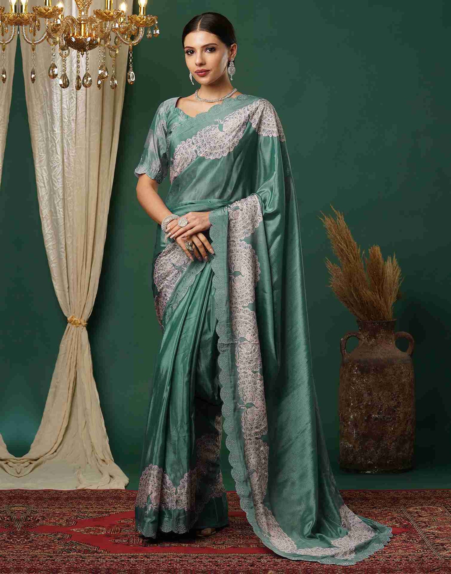 Dusty Green Silk Stone Work Swarovski Saree