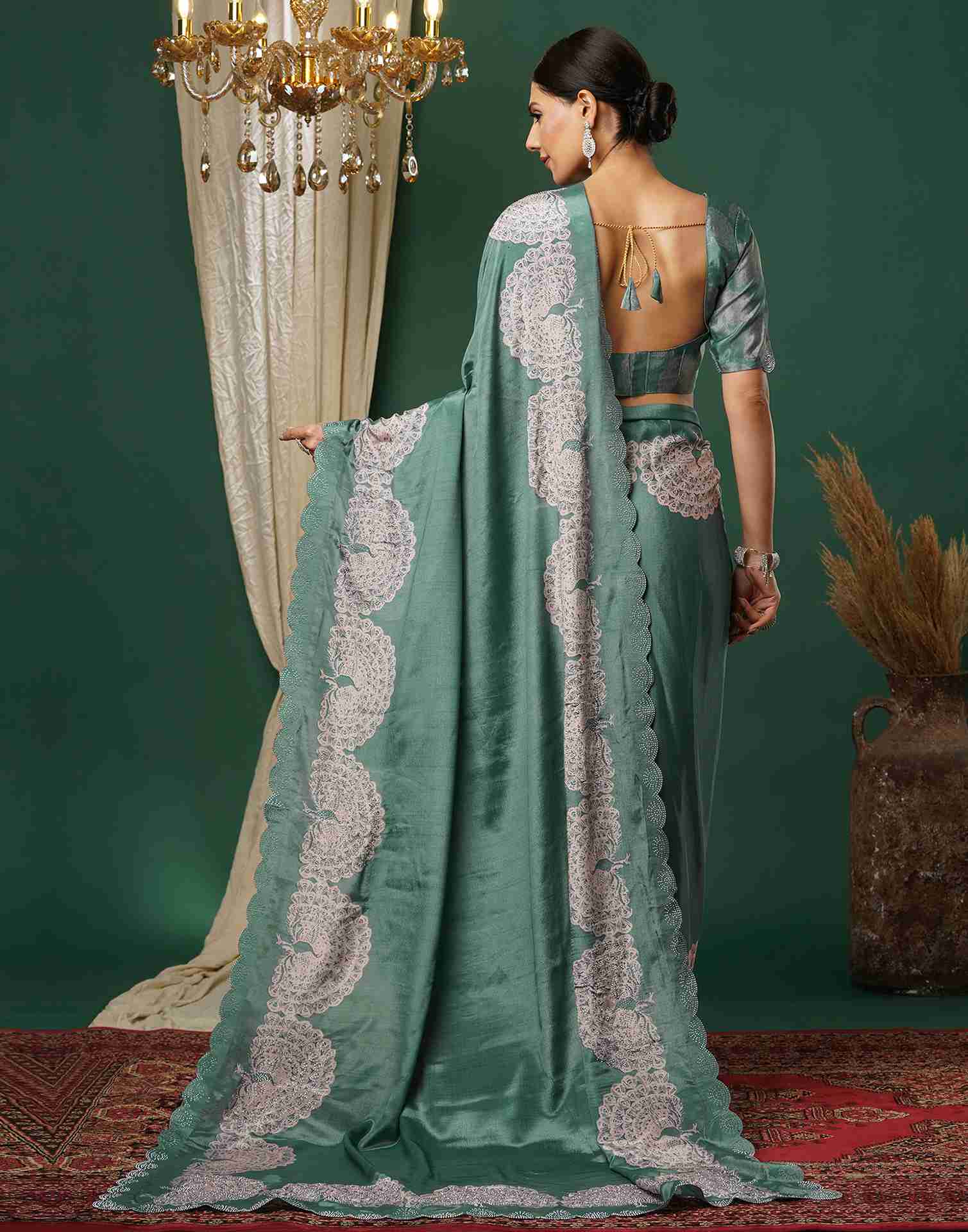 Dusty Green Silk Stone Work Swarovski Saree