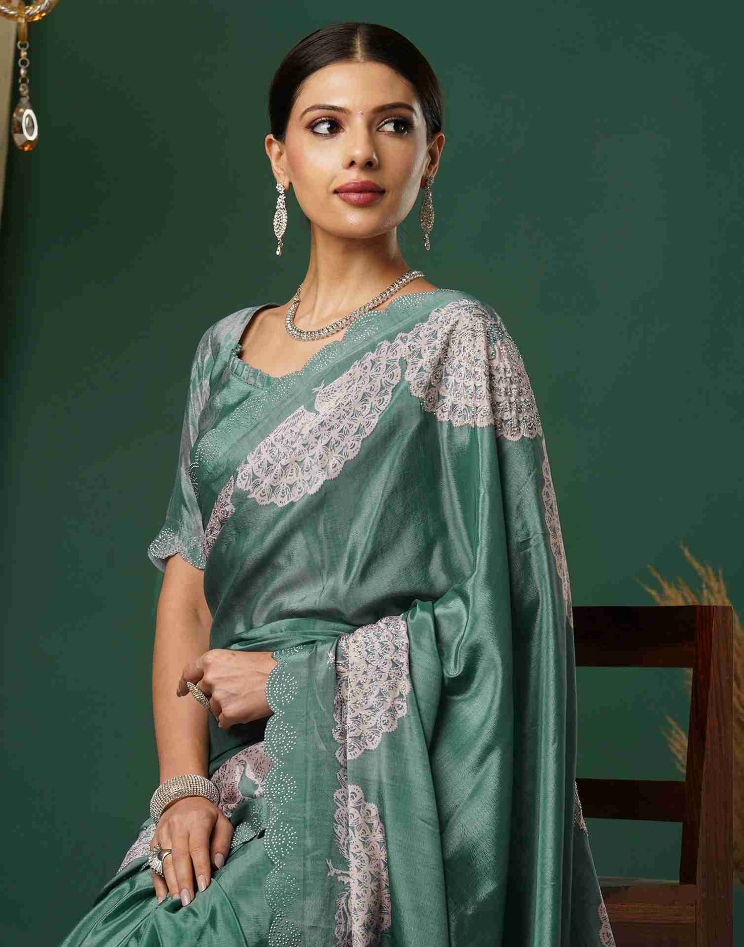 Dusty Green Silk Stone Work Swarovski Saree