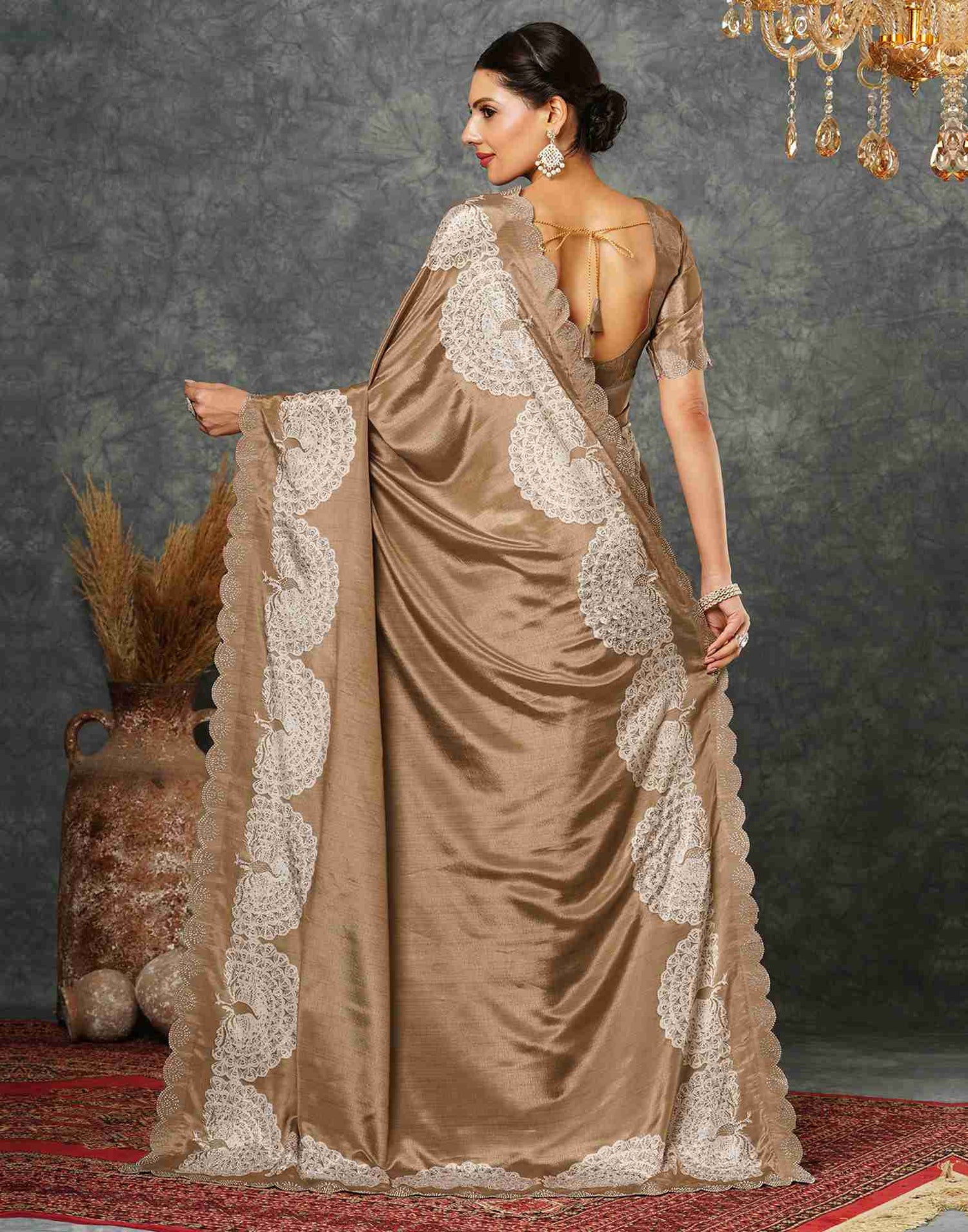 Peanut Brown Silk Stone Work Swarovski Saree