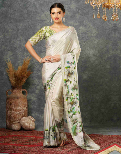 Light Beige Green Silk Stone Work Printed Saree