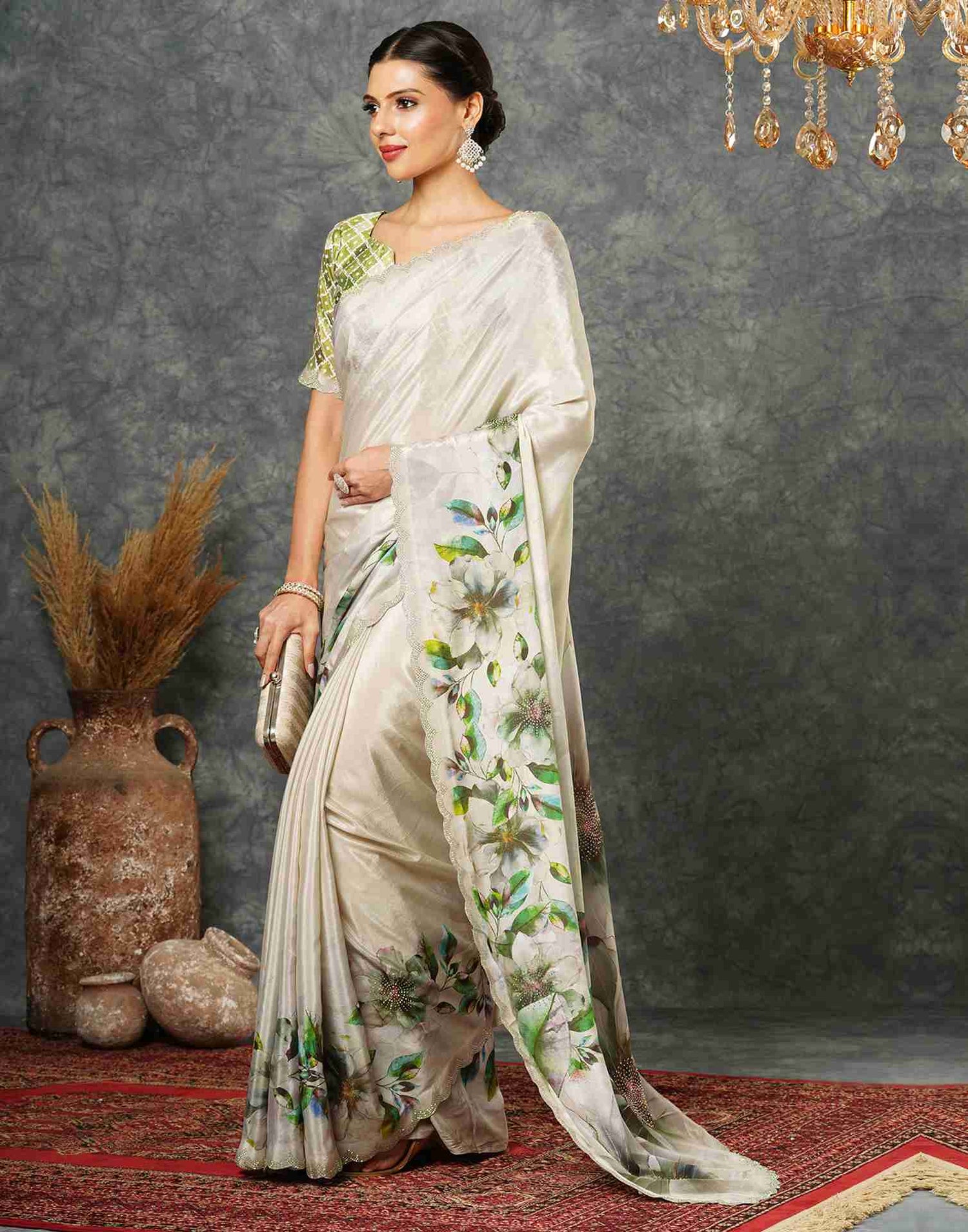 Light Beige Green Silk Stone Work Printed Saree