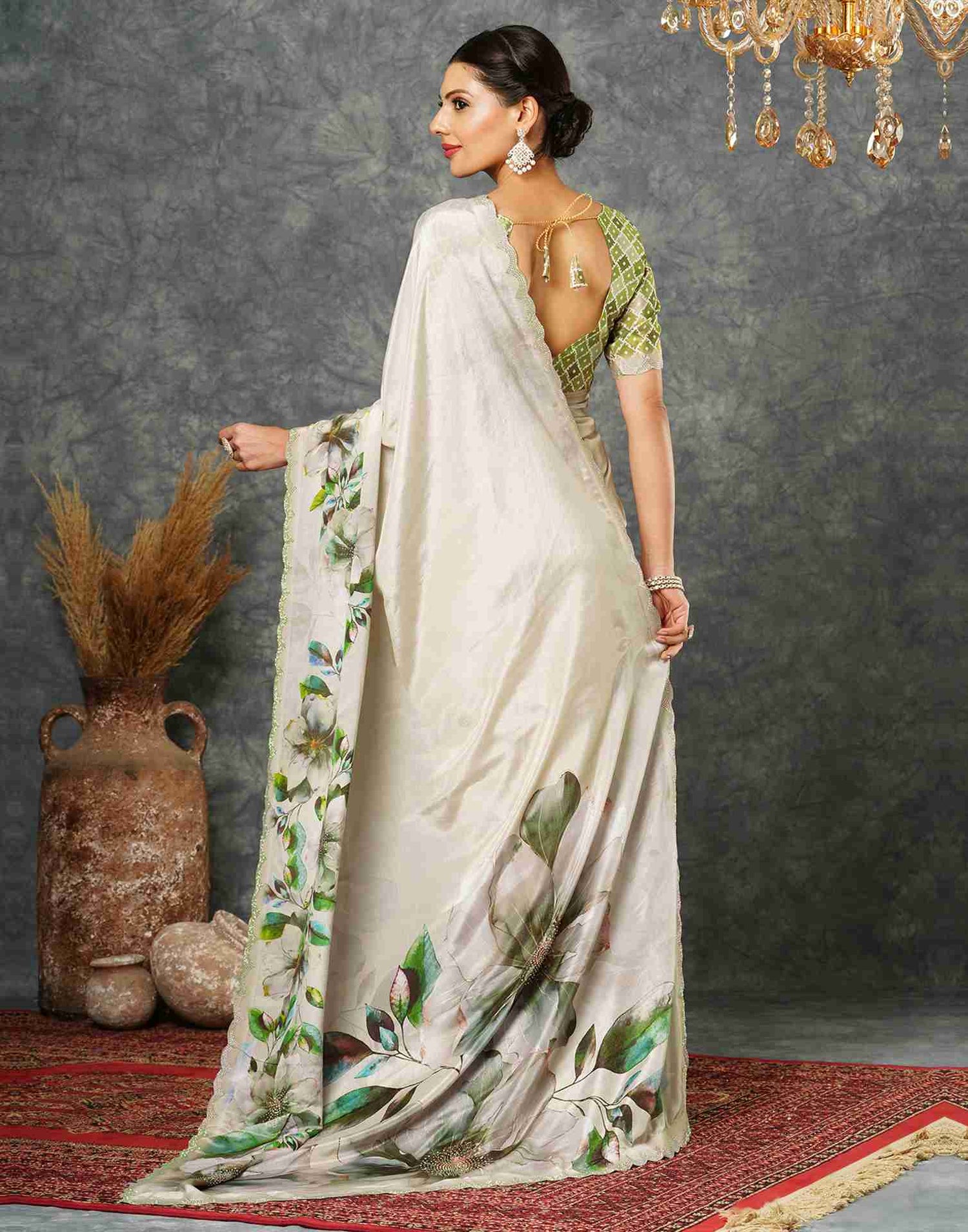 Light Beige Green Silk Stone Work Printed Saree