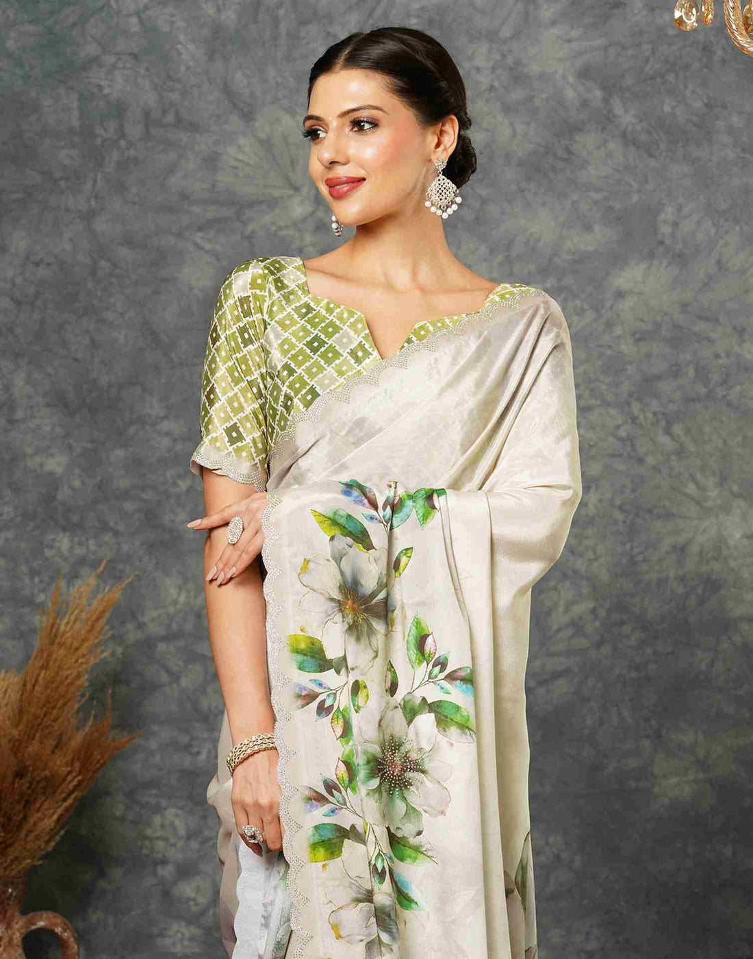 Light Beige Green Silk Stone Work Printed Saree