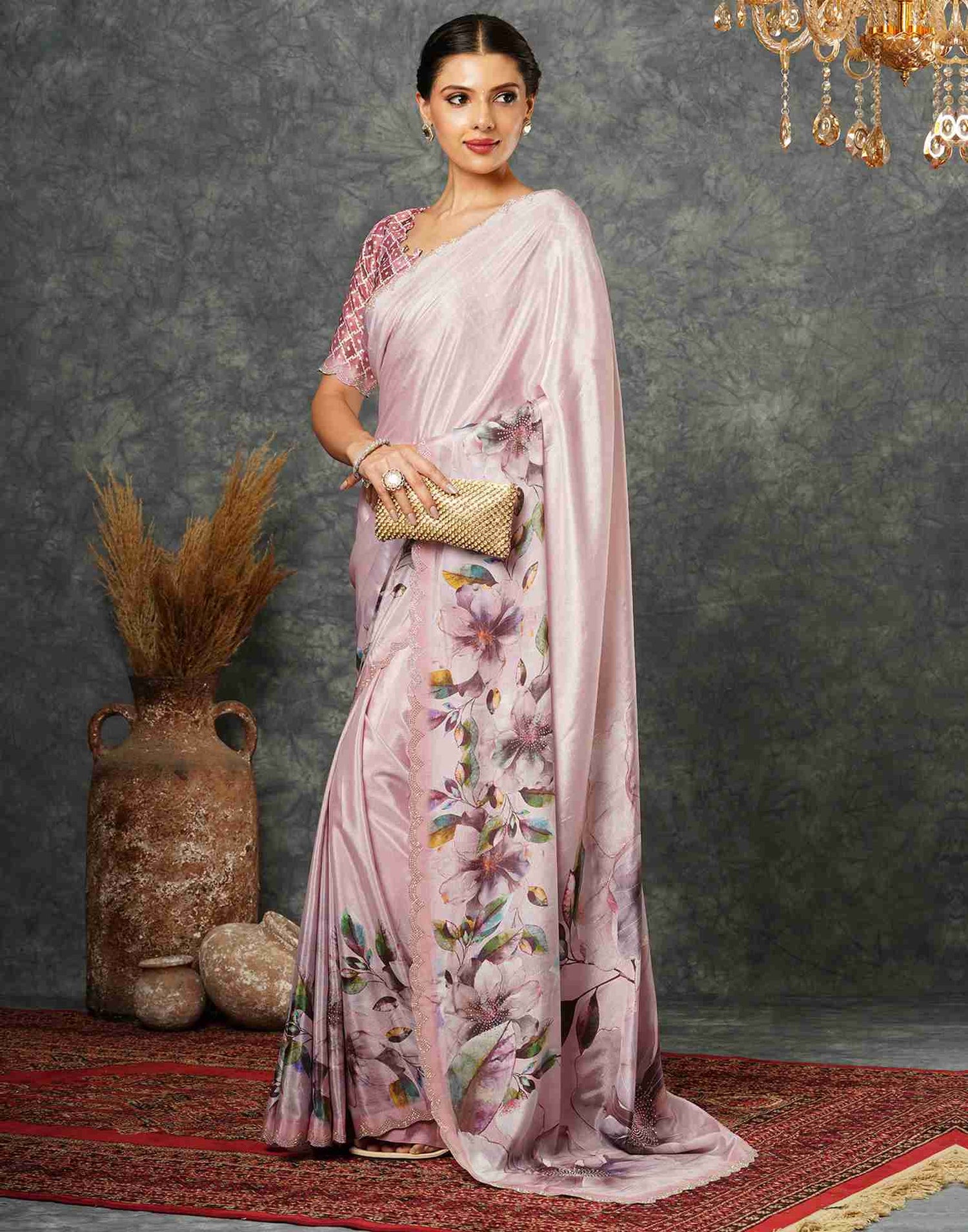 Light Pink Silk Stone Work Printed Saree