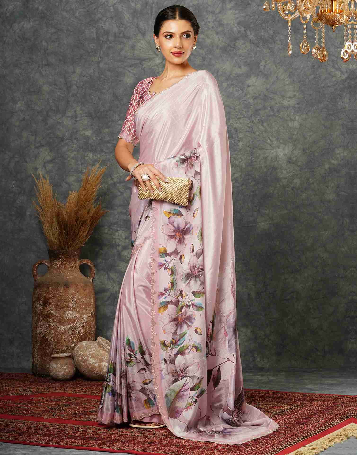 Light Pink Silk Stone Work Printed Saree