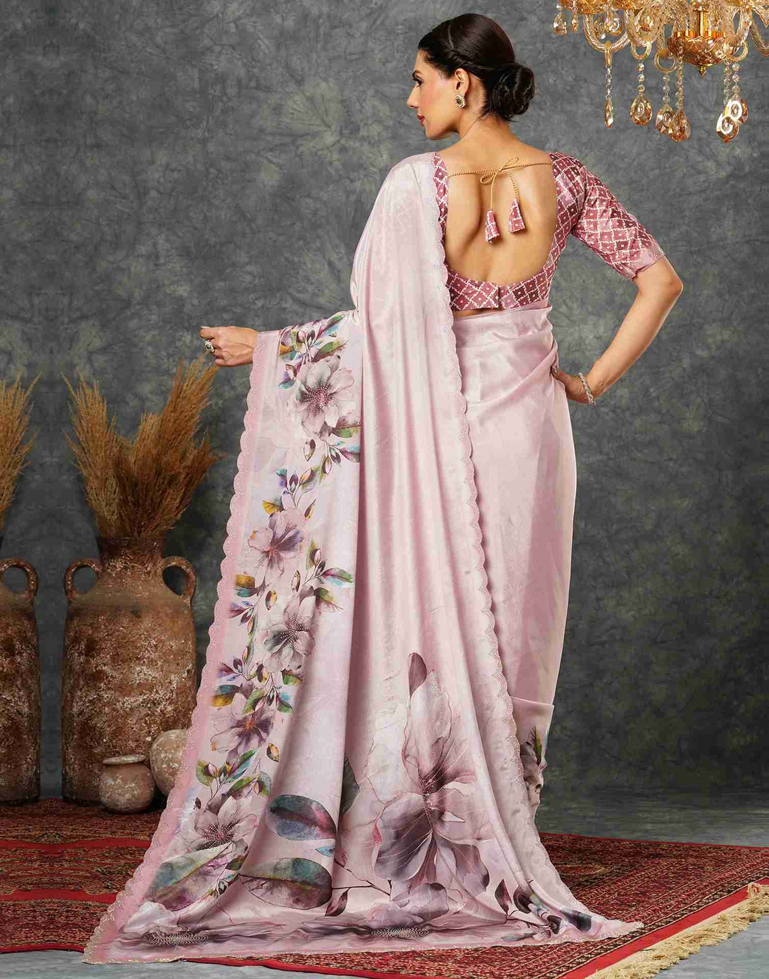 Light Pink Silk Stone Work Printed Saree