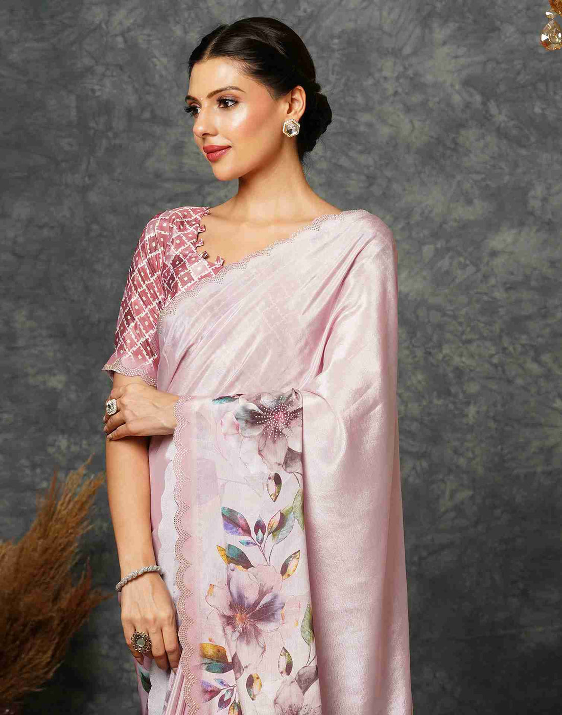 Light Pink Silk Stone Work Printed Saree