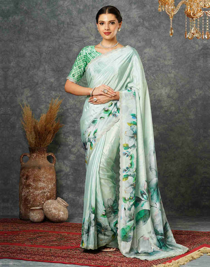 Light Pista Green Silk Stone Work Printed Saree