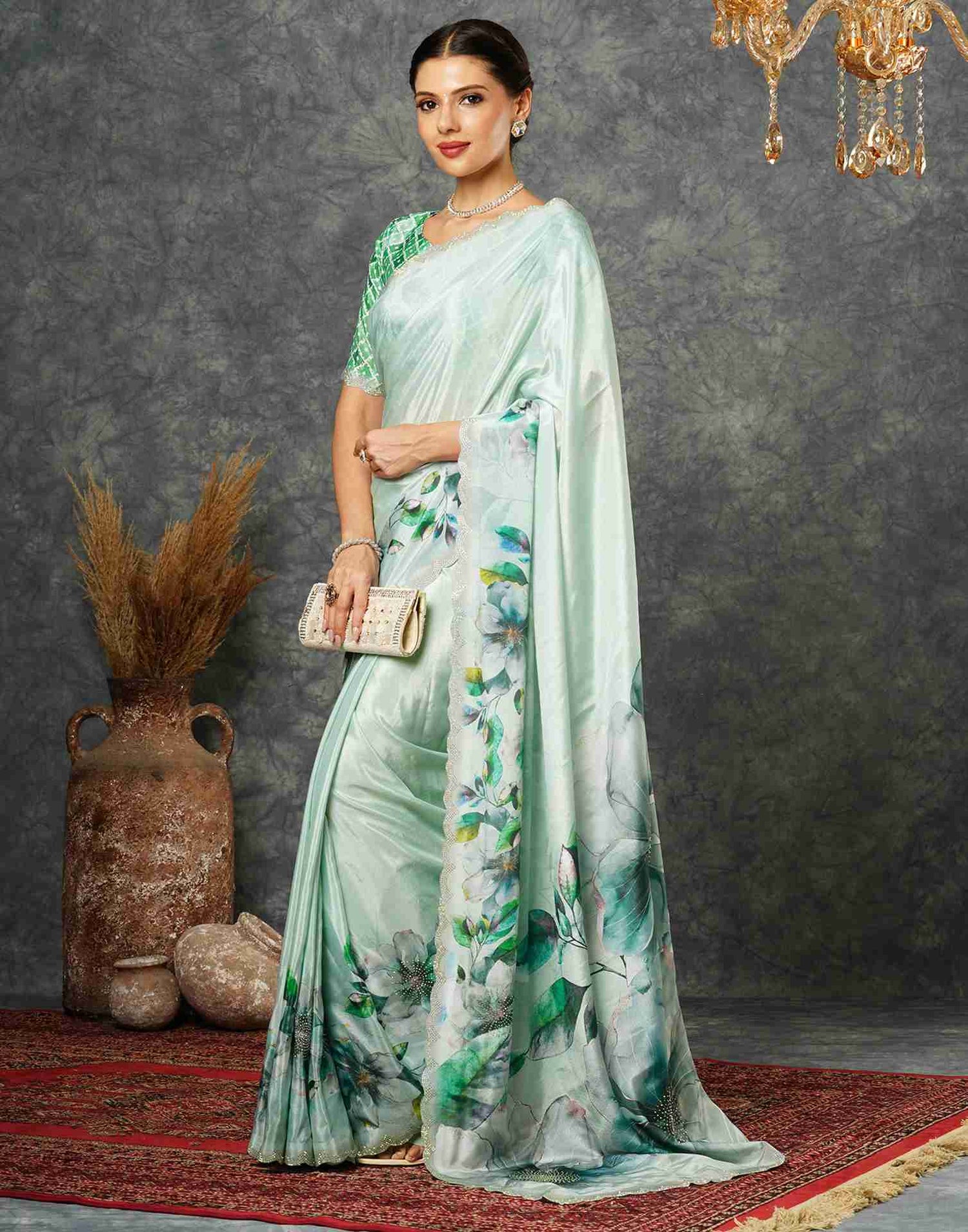 Light Pista Green Silk Stone Work Printed Saree