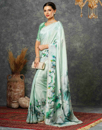 Light Pista Green Silk Stone Work Printed Saree