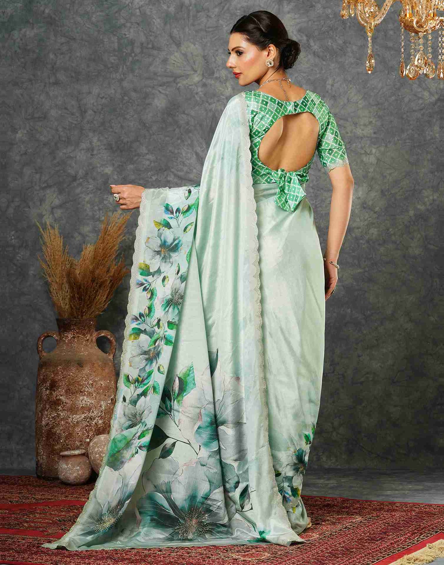 Light Pista Green Silk Stone Work Printed Saree