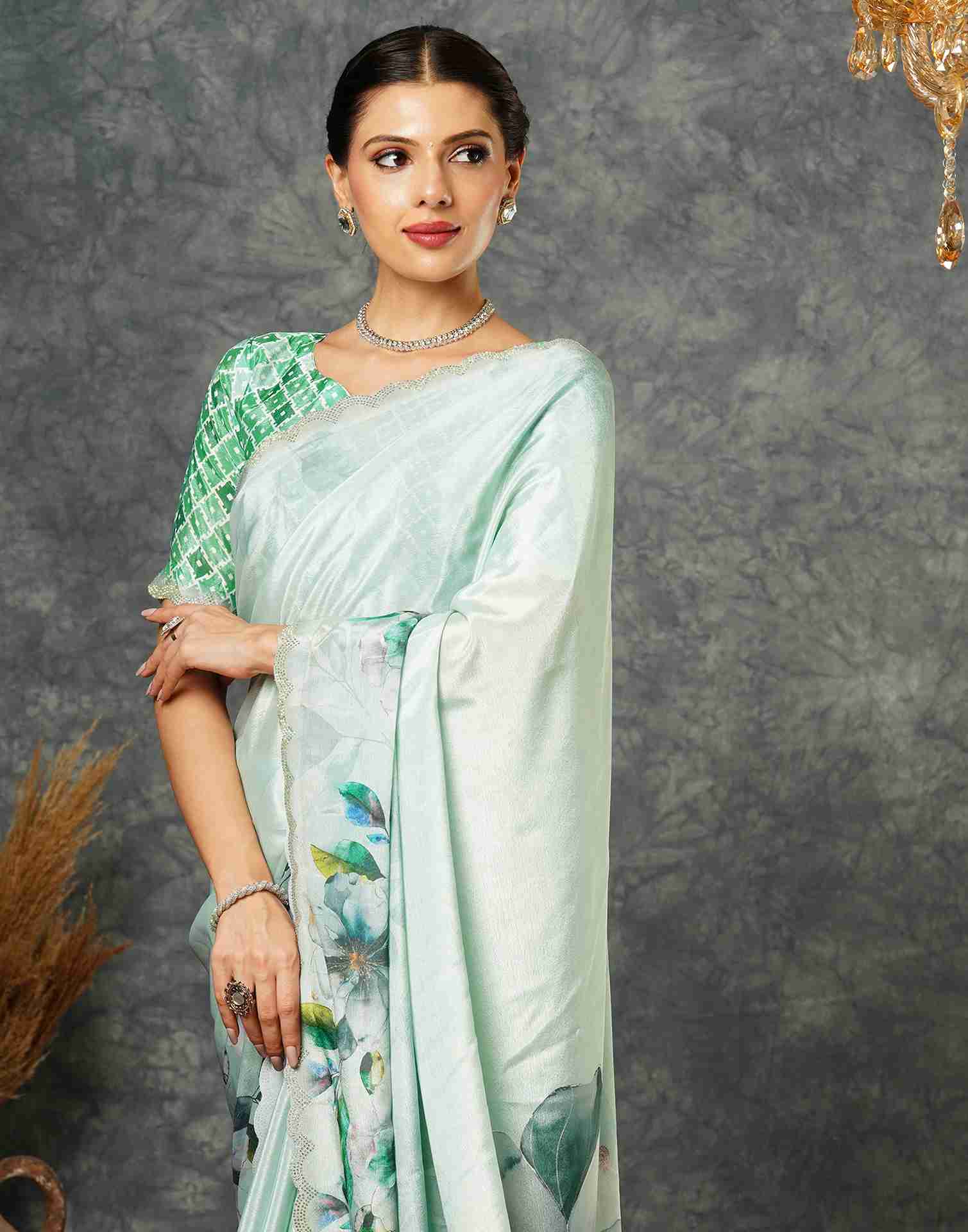 Light Pista Green Silk Stone Work Printed Saree