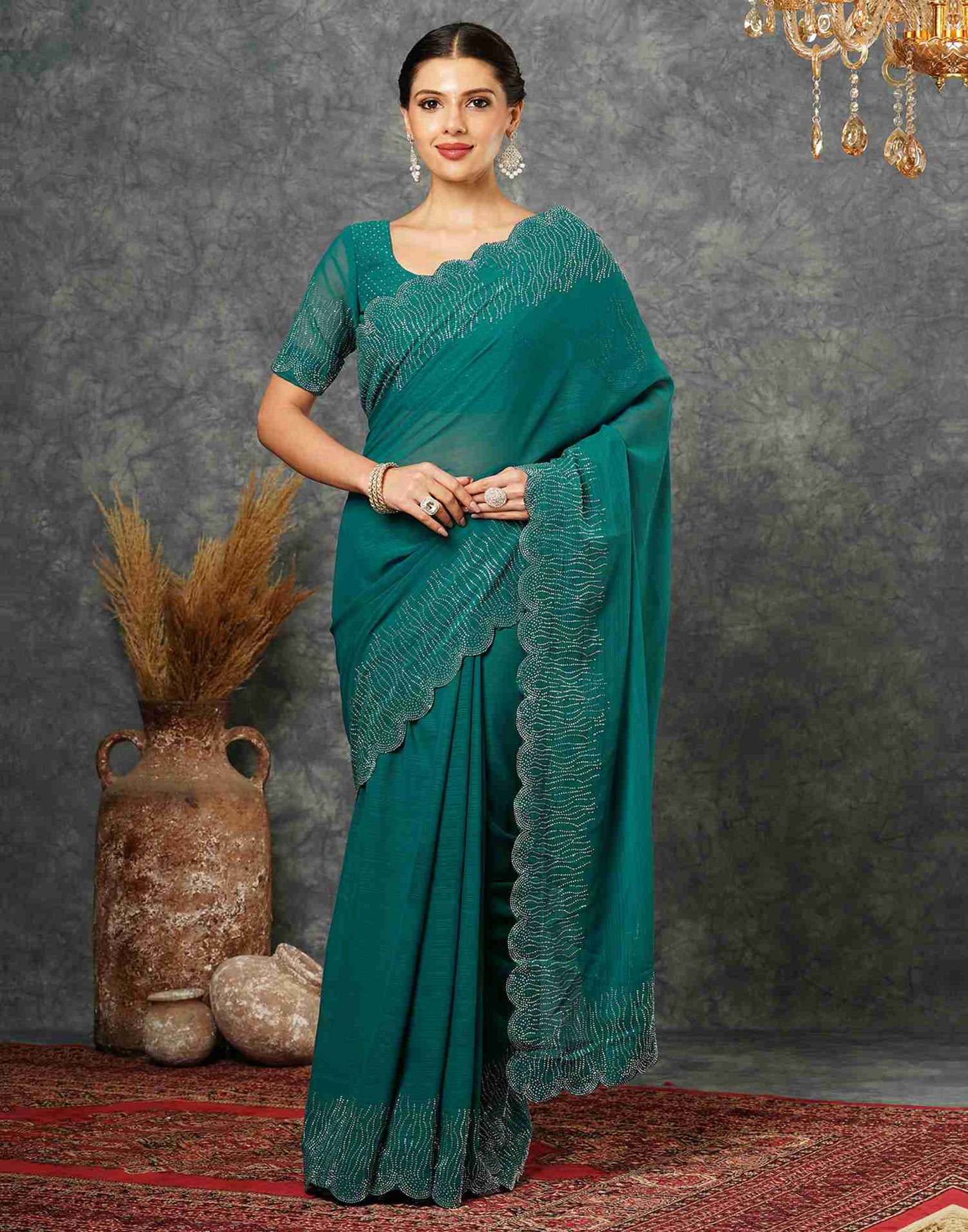 Rama Green Georgette Stone Work Swarovski Saree