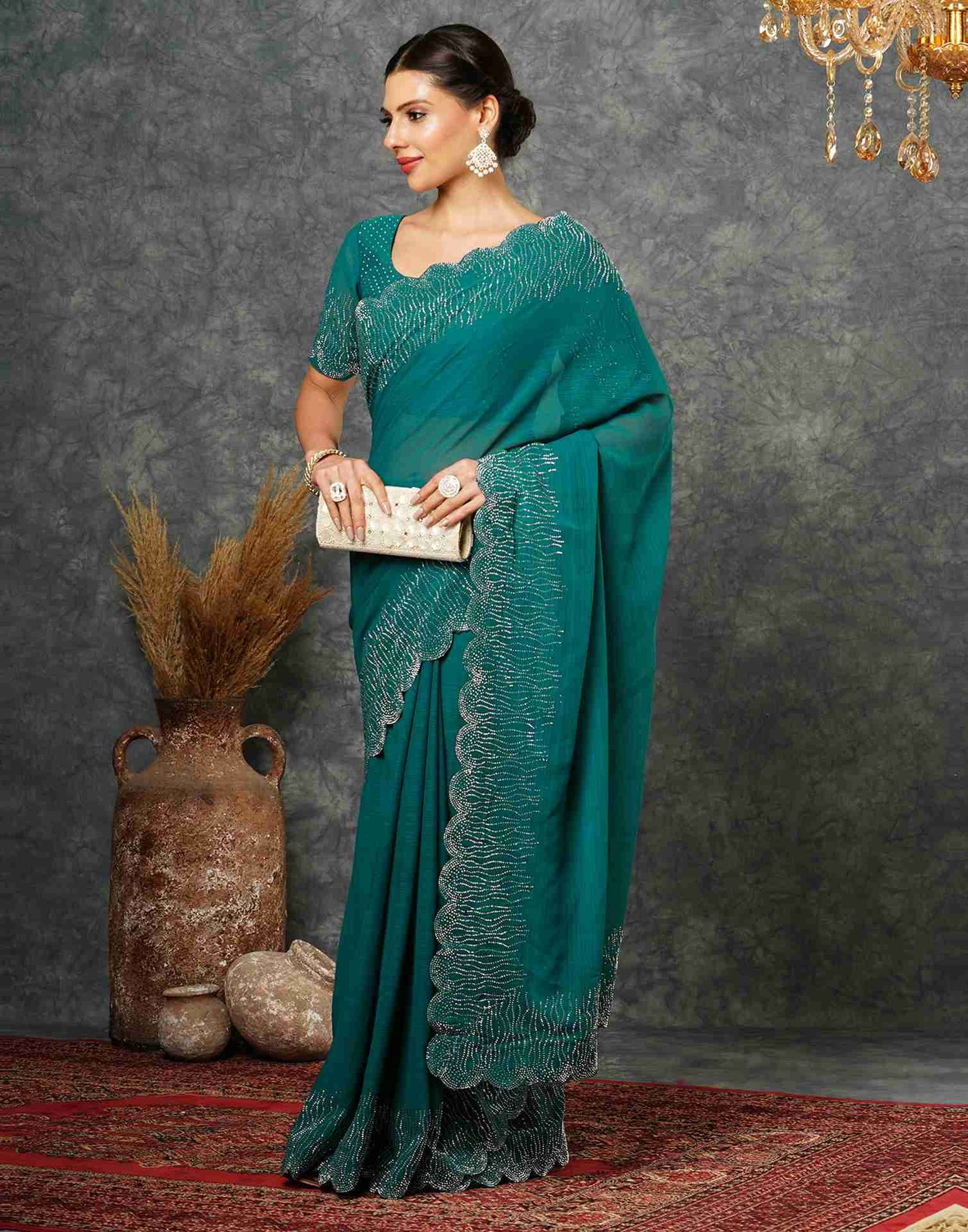 Rama Green Georgette Stone Work Swarovski Saree