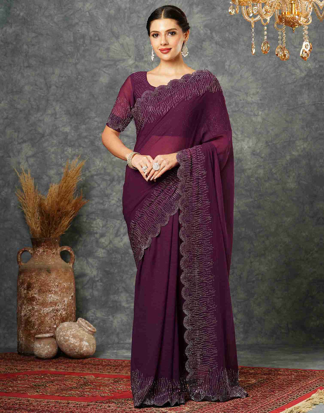 Wine Georgette Stone Work Swarovski Saree