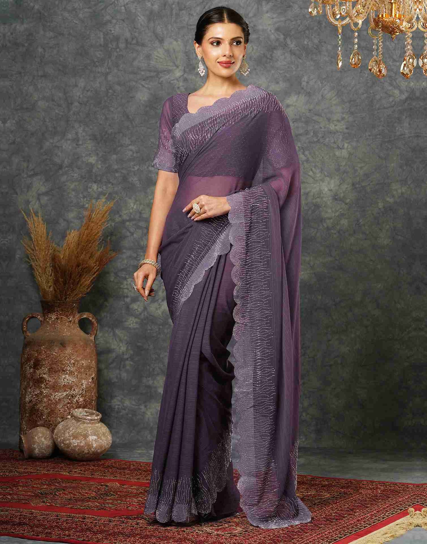 Dusty Mauve Georgette Stone Work Swarovski Saree