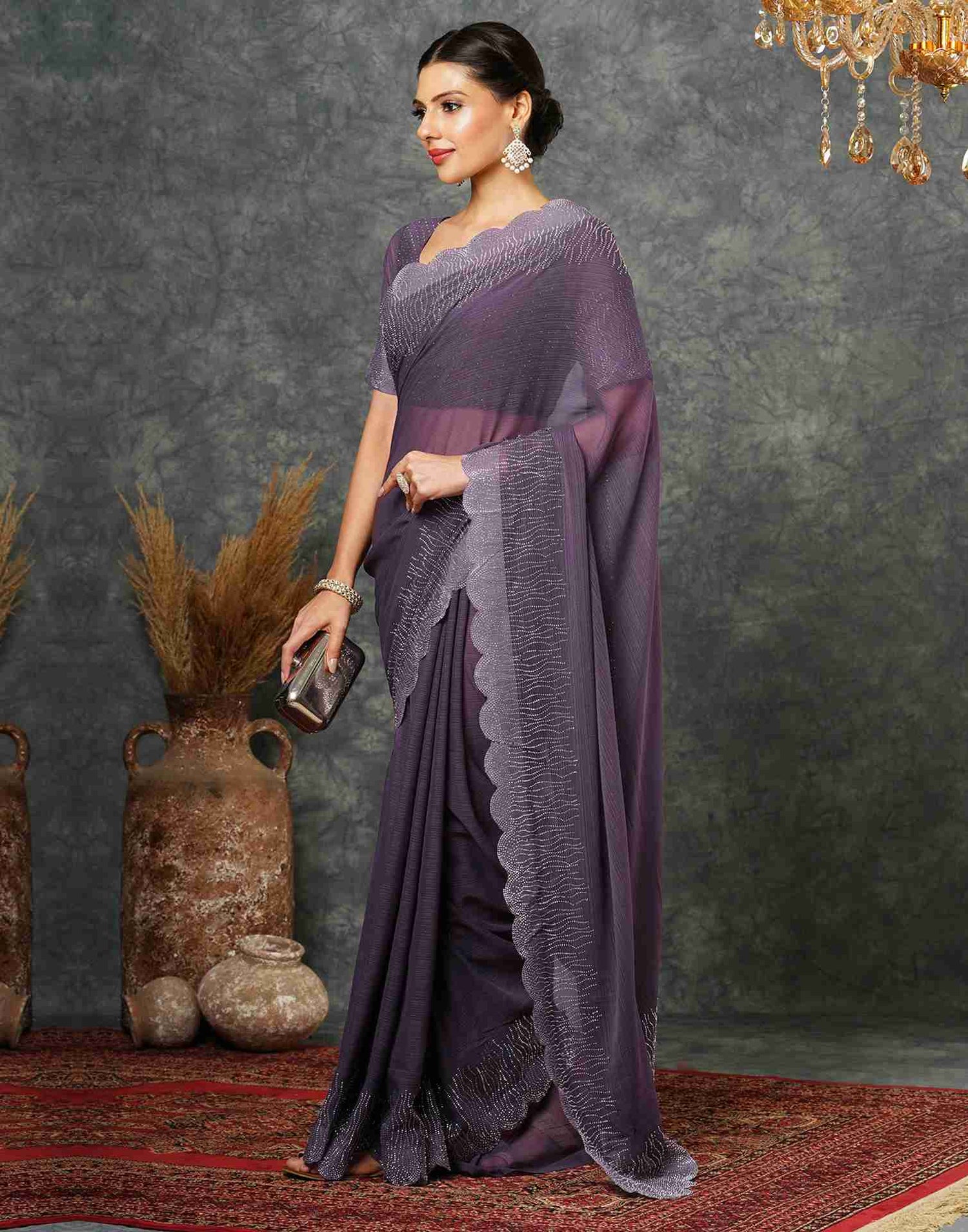 Dusty Mauve Georgette Stone Work Swarovski Saree