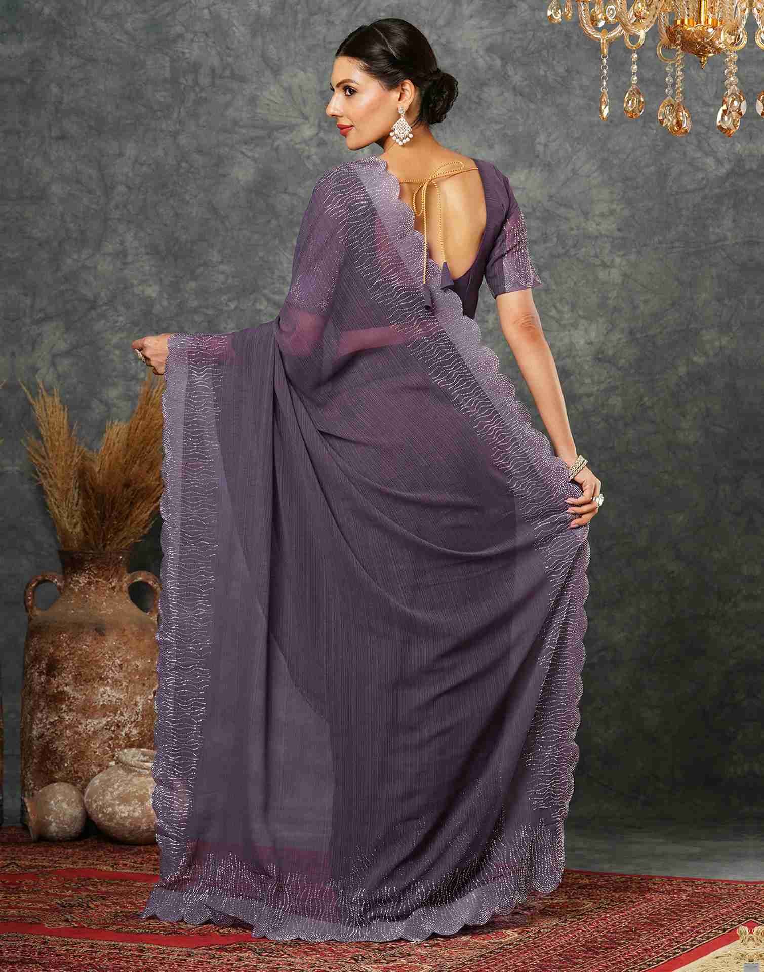 Dusty Mauve Georgette Stone Work Swarovski Saree