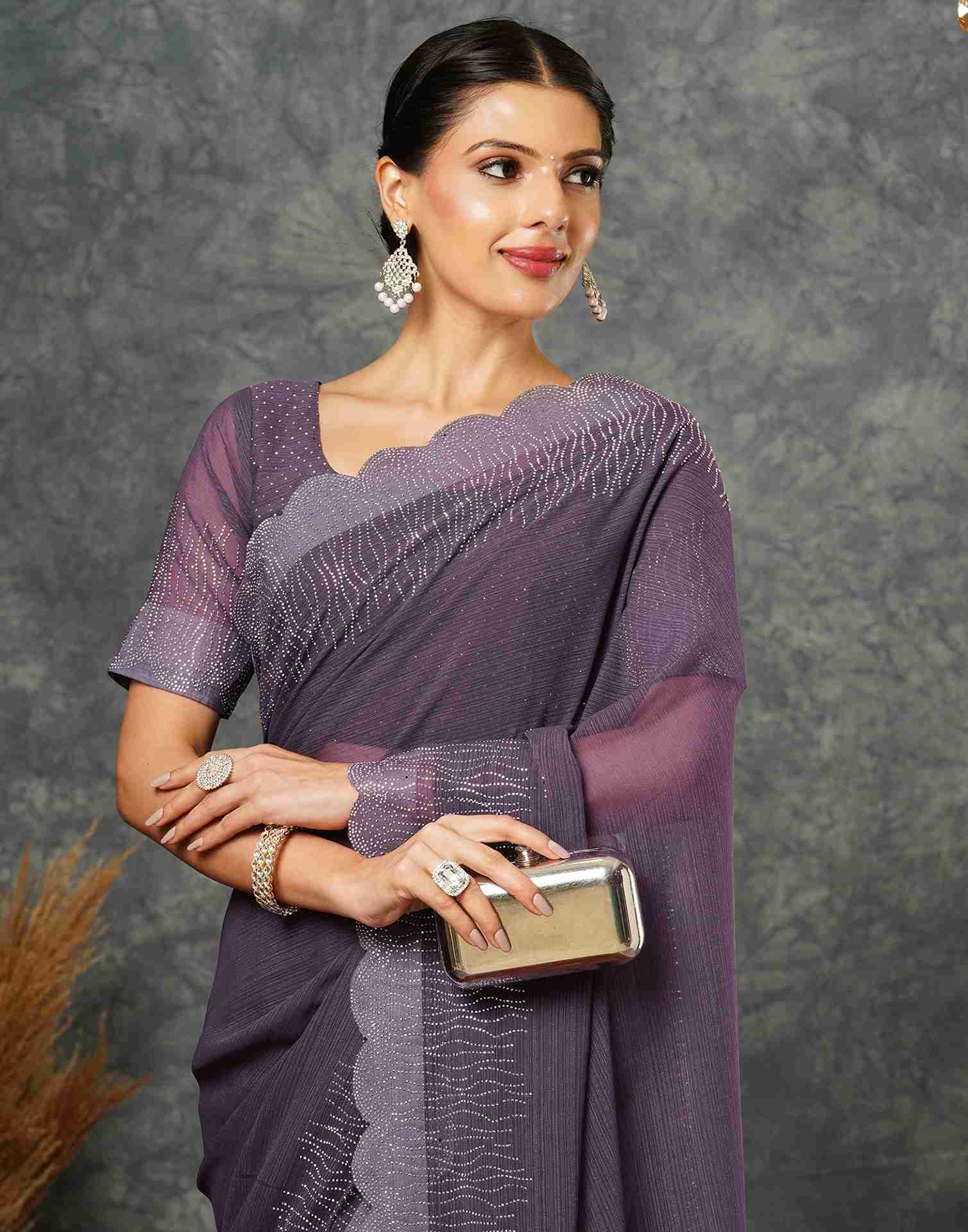 Dusty Mauve Georgette Stone Work Swarovski Saree