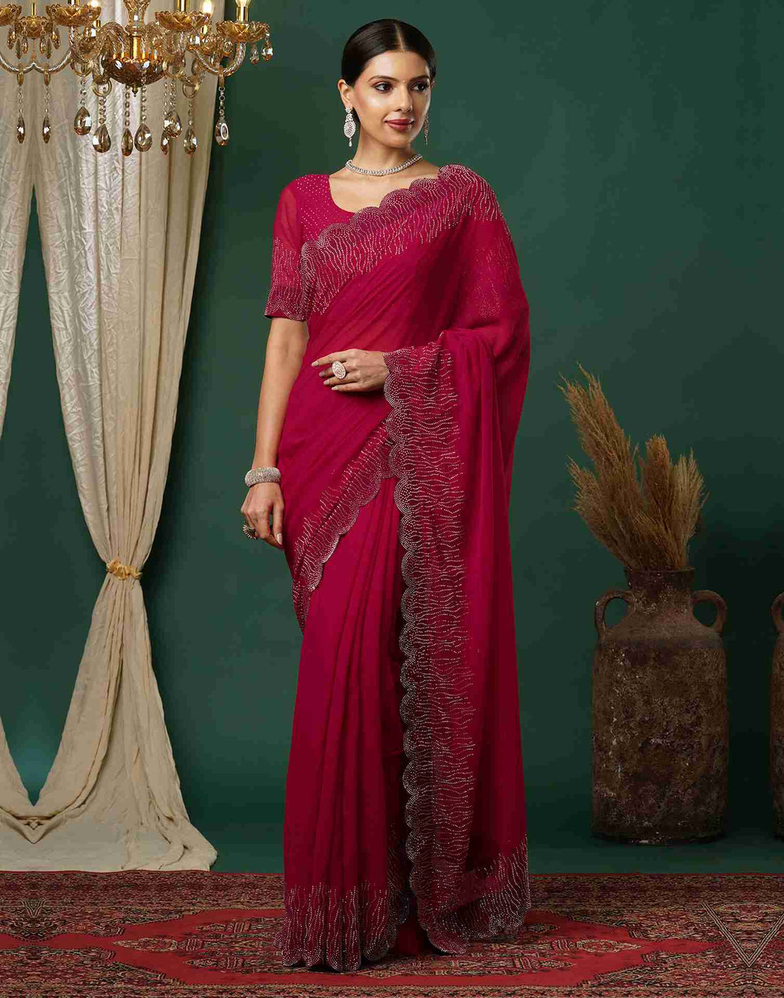 Red Georgette Stone Work Swarovski Saree