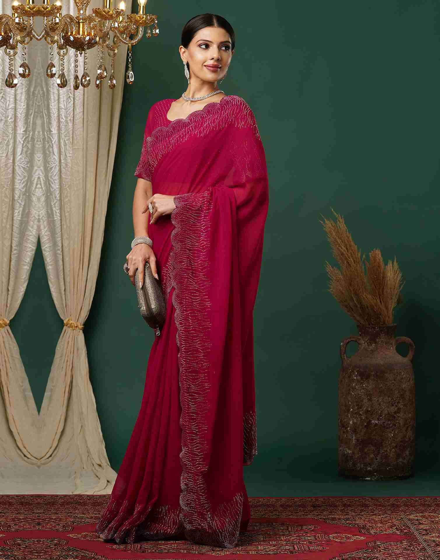 Red Georgette Stone Work Swarovski Saree