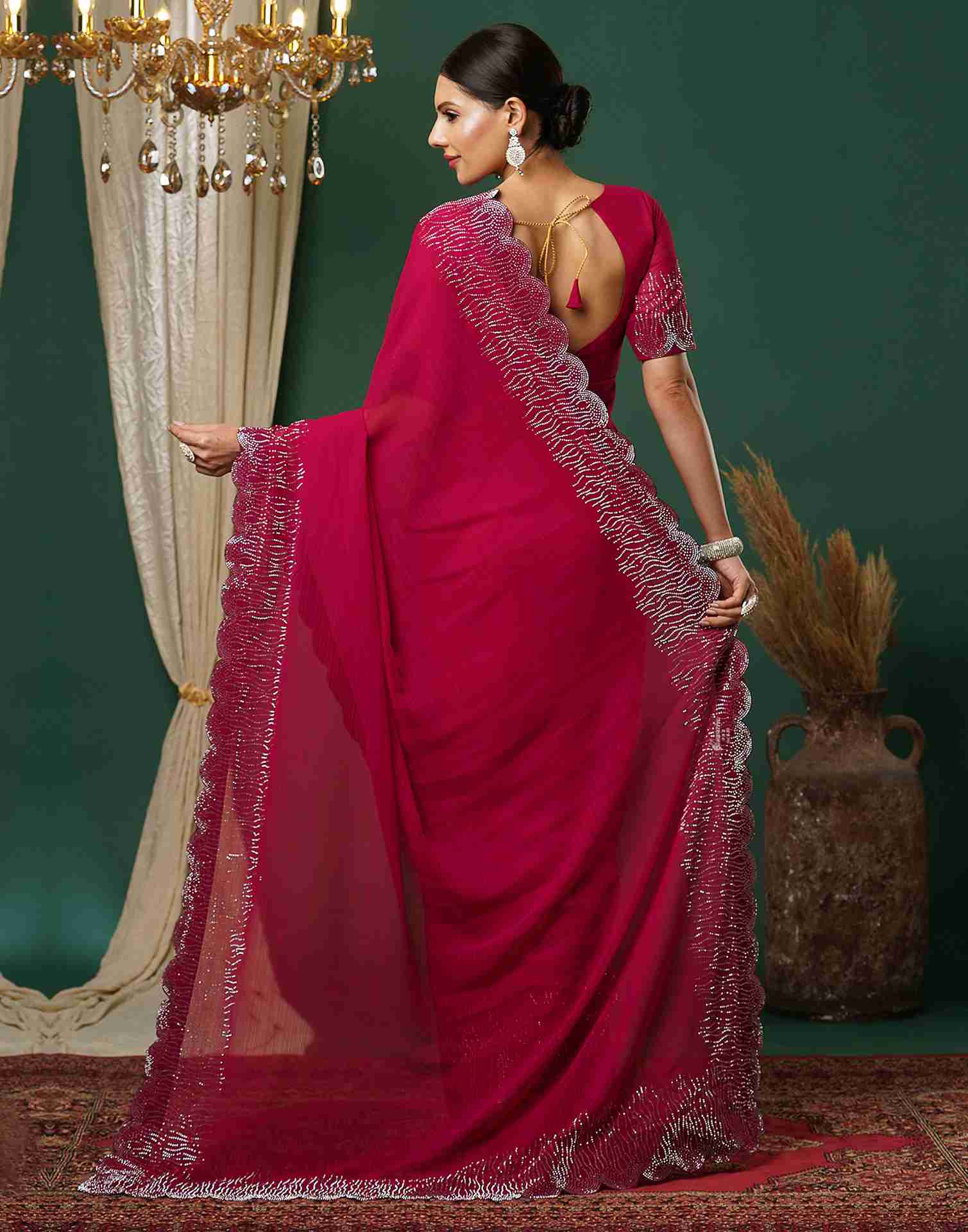 Red Georgette Stone Work Swarovski Saree