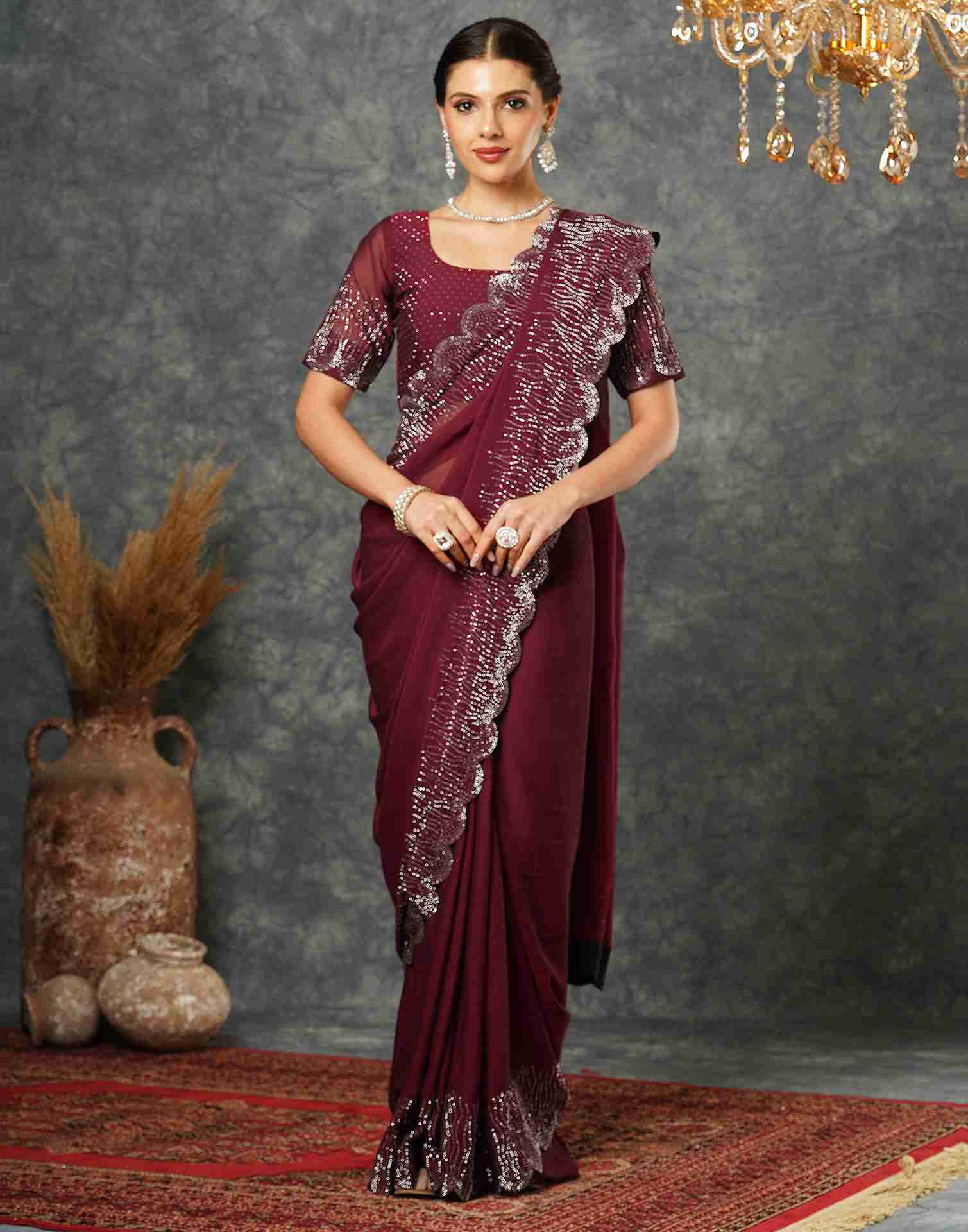 Maroon Georgette Stone Work Swarovski Saree