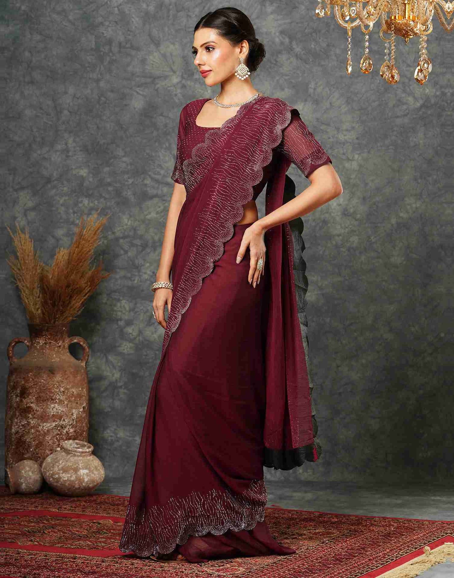 Maroon Georgette Stone Work Swarovski Saree