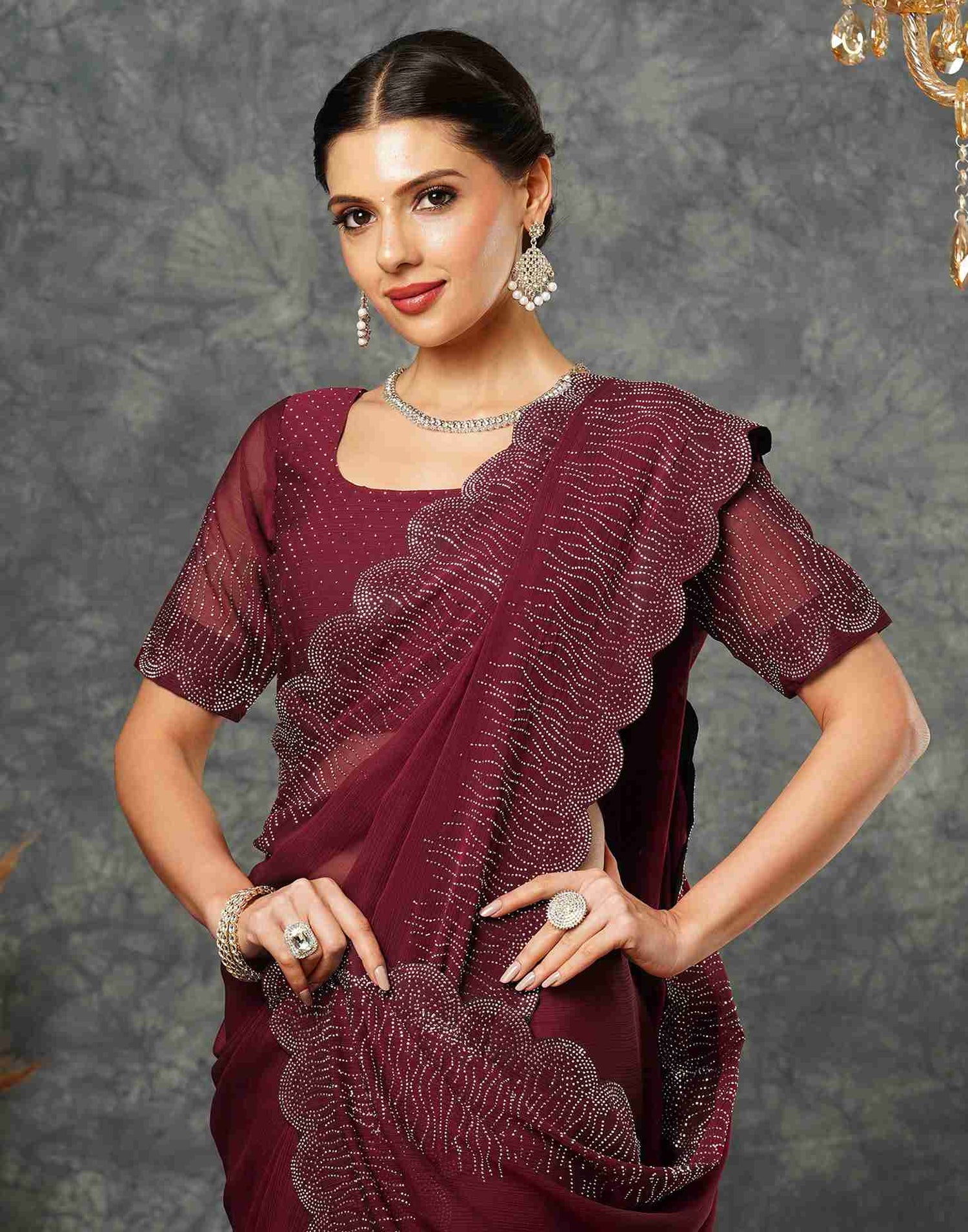 Maroon Georgette Stone Work Swarovski Saree