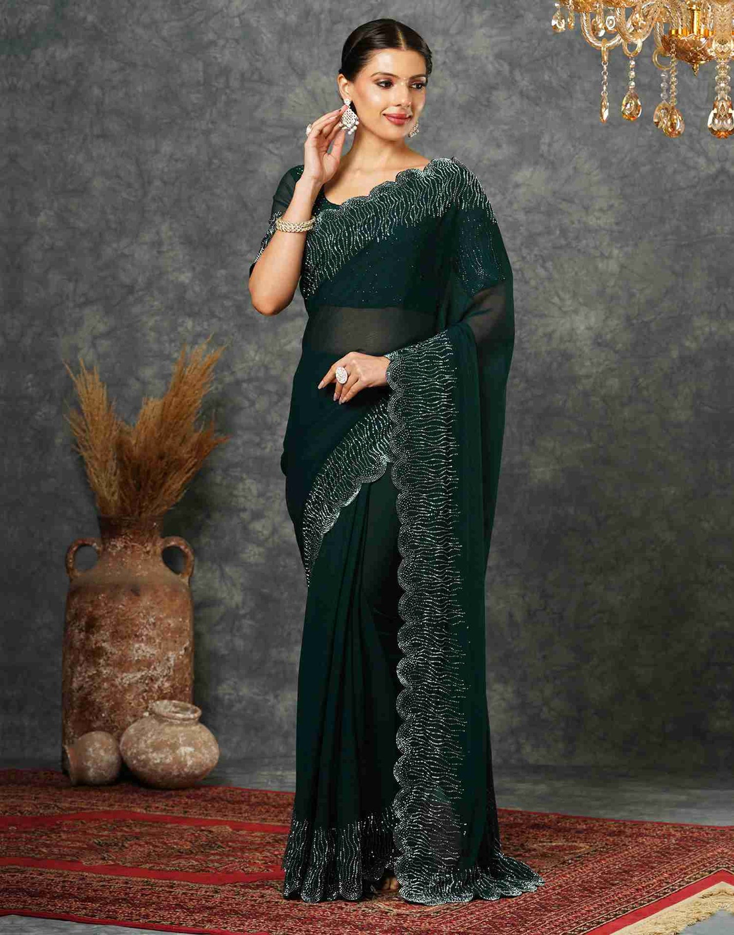 Dark Green Georgette Stone Work Swarovski Saree