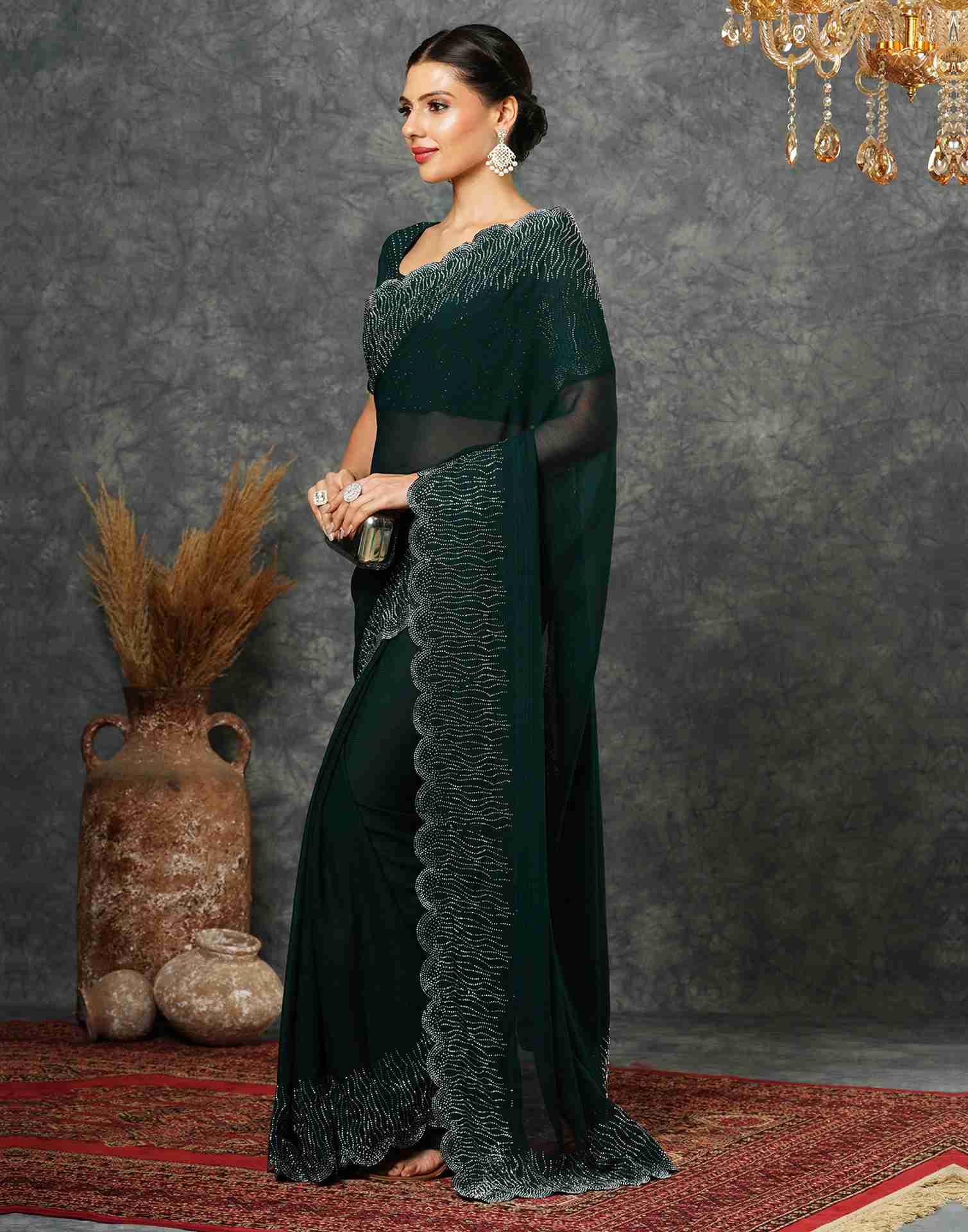 Dark Green Georgette Stone Work Swarovski Saree