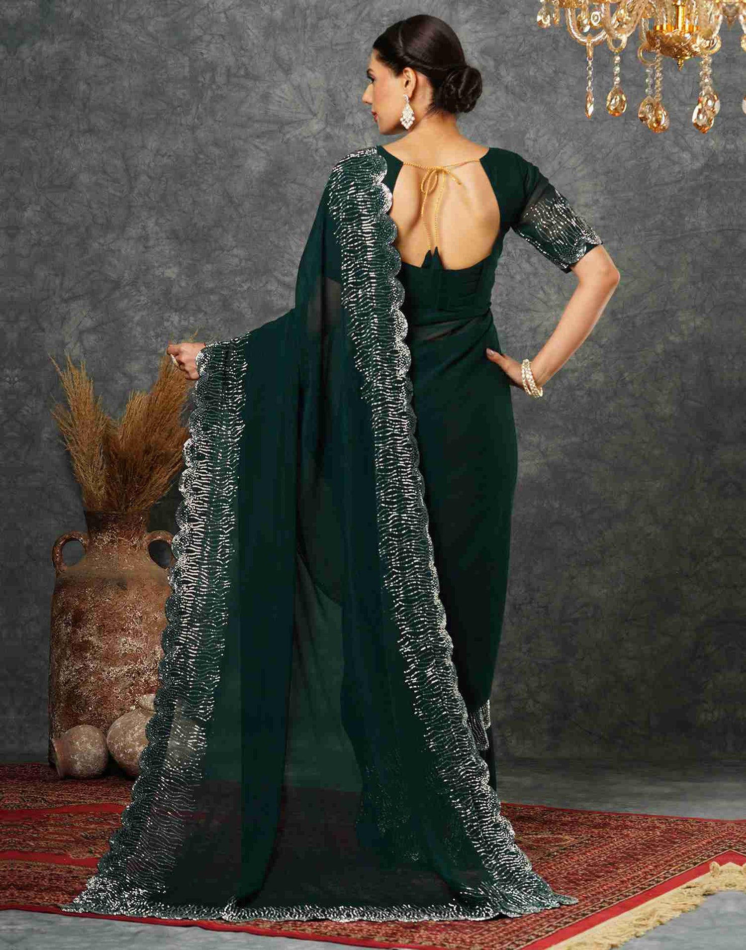 Dark Green Georgette Stone Work Swarovski Saree