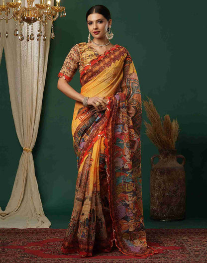 Turmeric Yellow Cotton Printed Kalamkari Saree