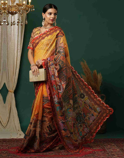 Turmeric Yellow Cotton Printed Kalamkari Saree