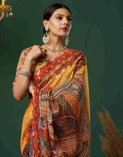 Turmeric Yellow Cotton Printed Kalamkari Saree