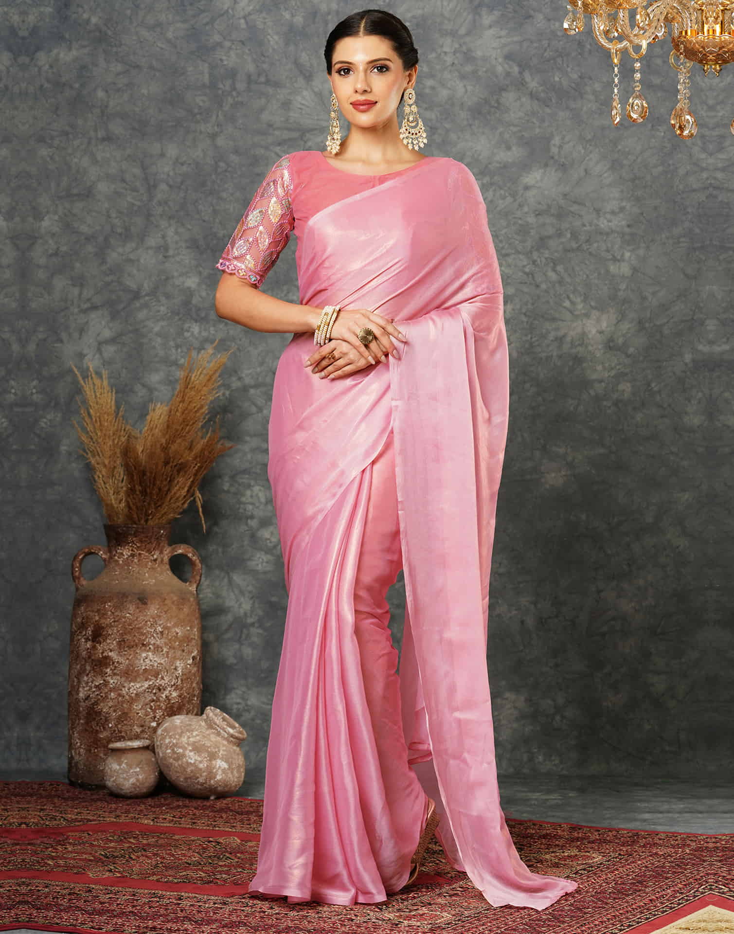 Light Pink Georgette Plain Saree