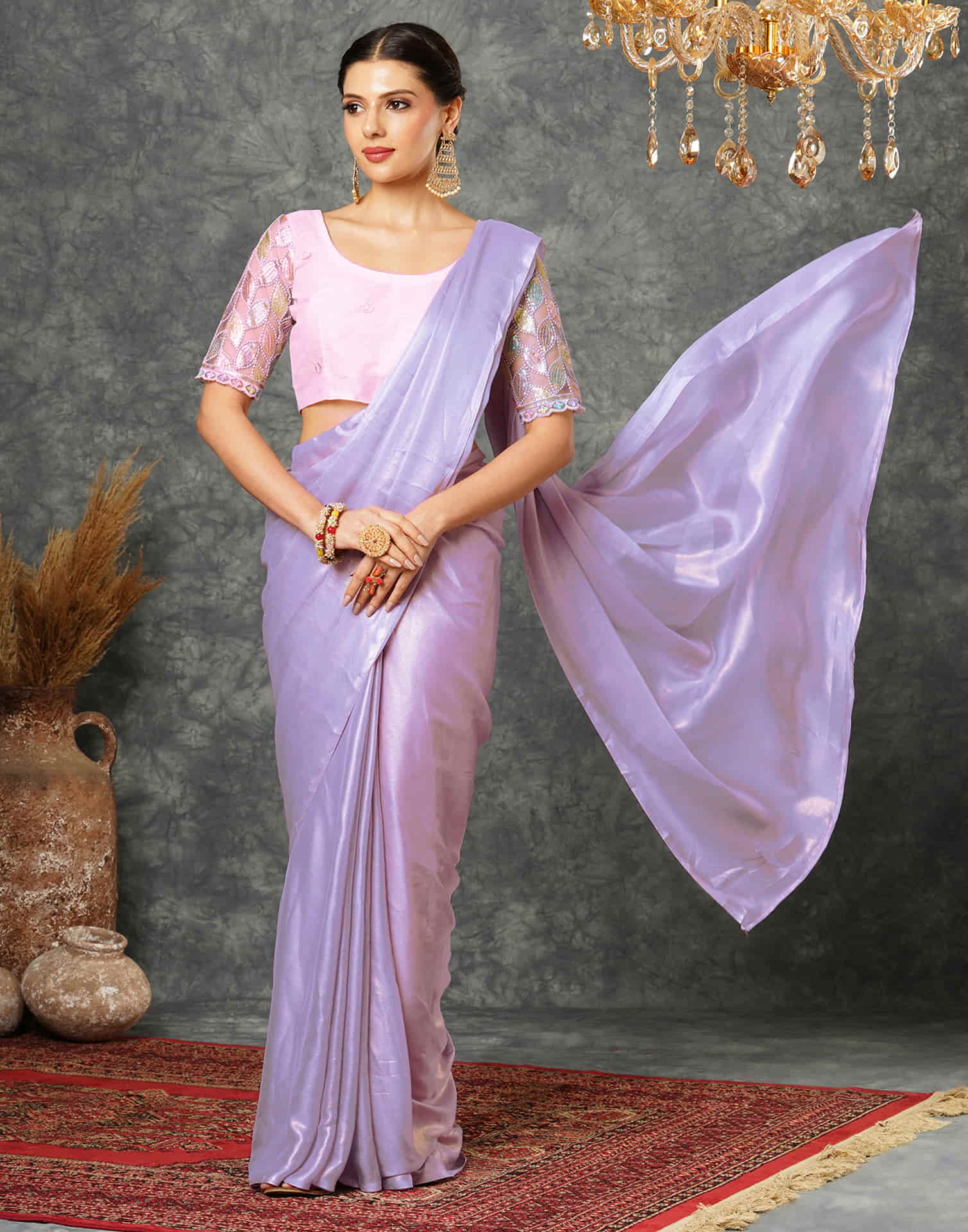 Lavender Georgette Plain Saree