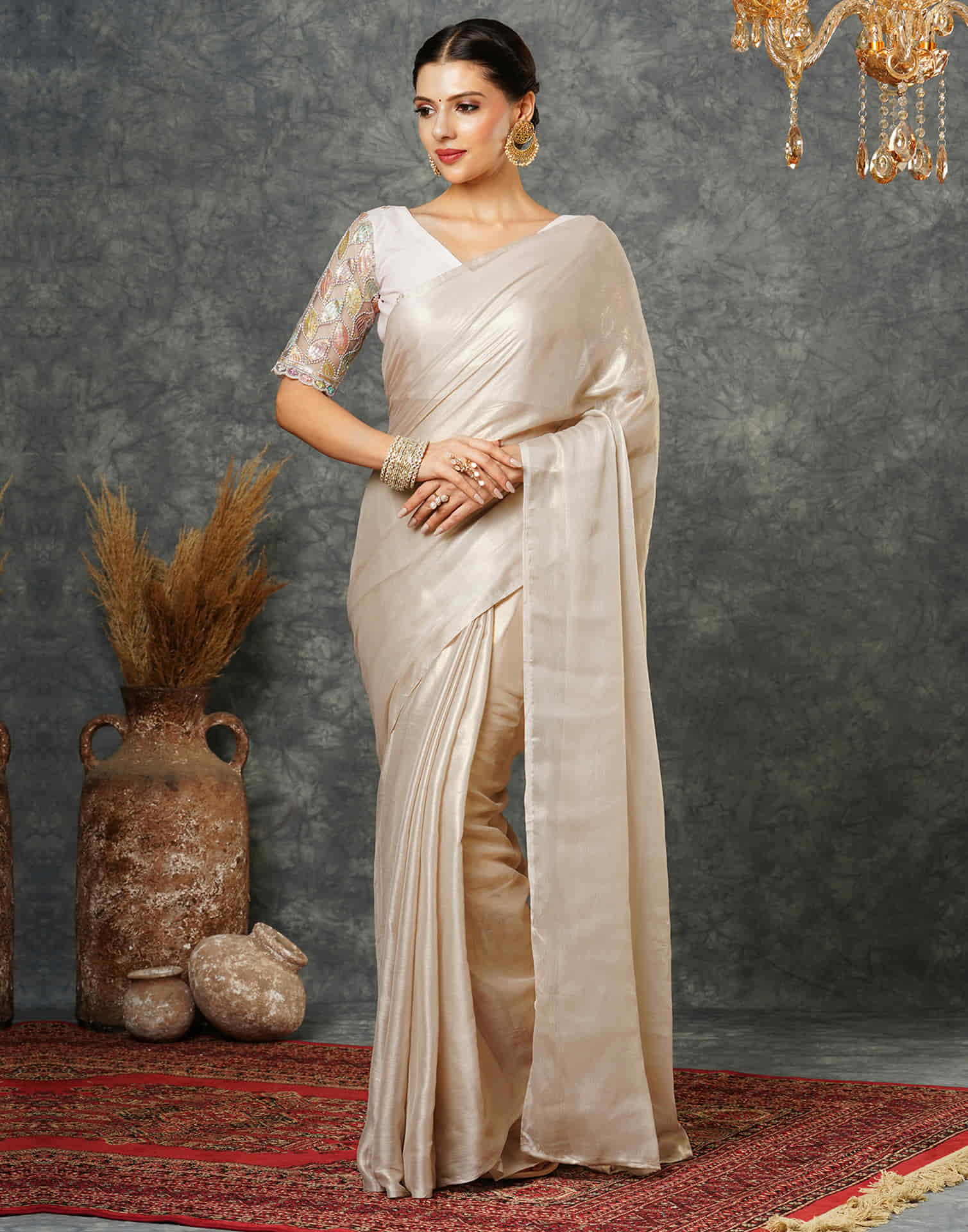 Beige Georgette Plain Saree