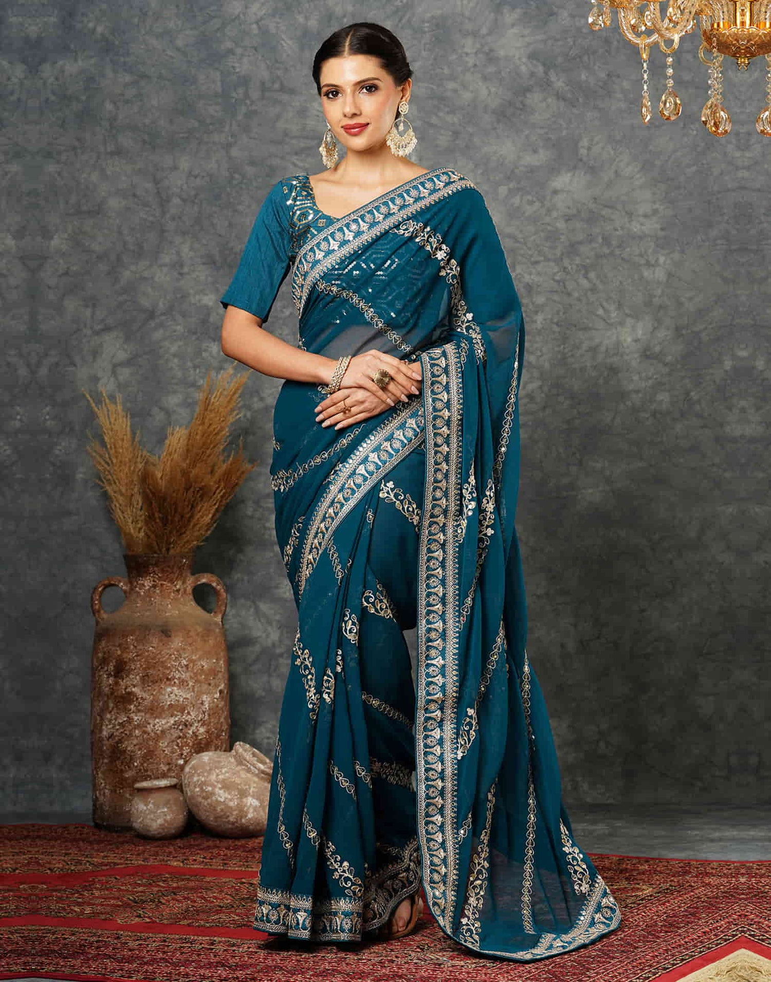 Rama Blue Georgette Embroidery Embroidery Saree