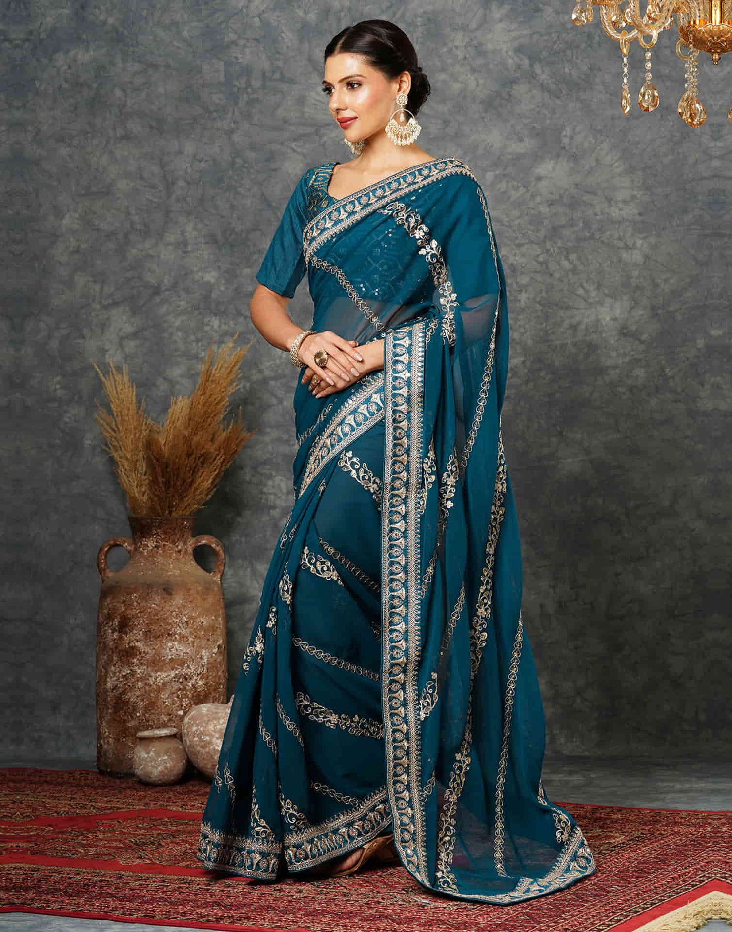 Rama Blue Georgette Embroidery Embroidery Saree