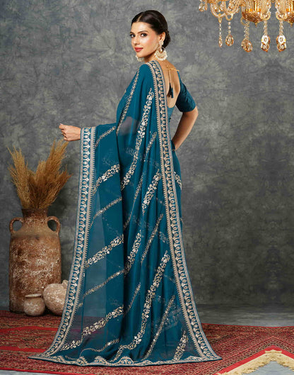 Rama Blue Georgette Embroidery Embroidery Saree