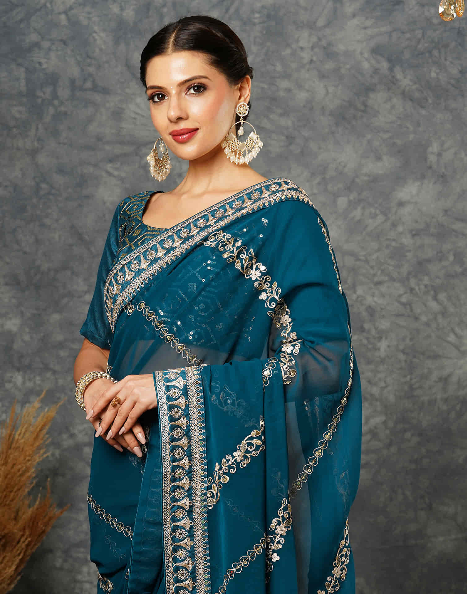 Rama Blue Georgette Embroidery Embroidery Saree