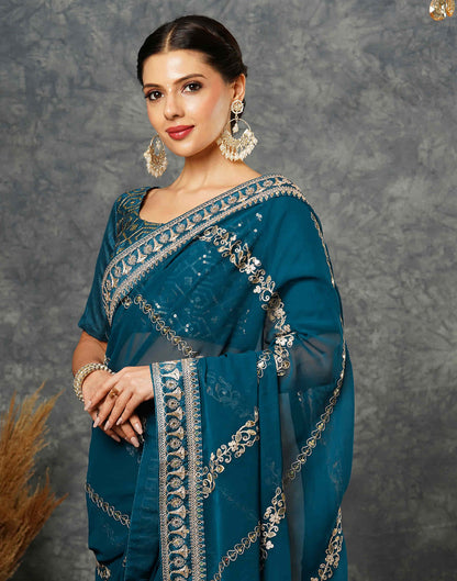 Rama Blue Georgette Embroidery Embroidery Saree