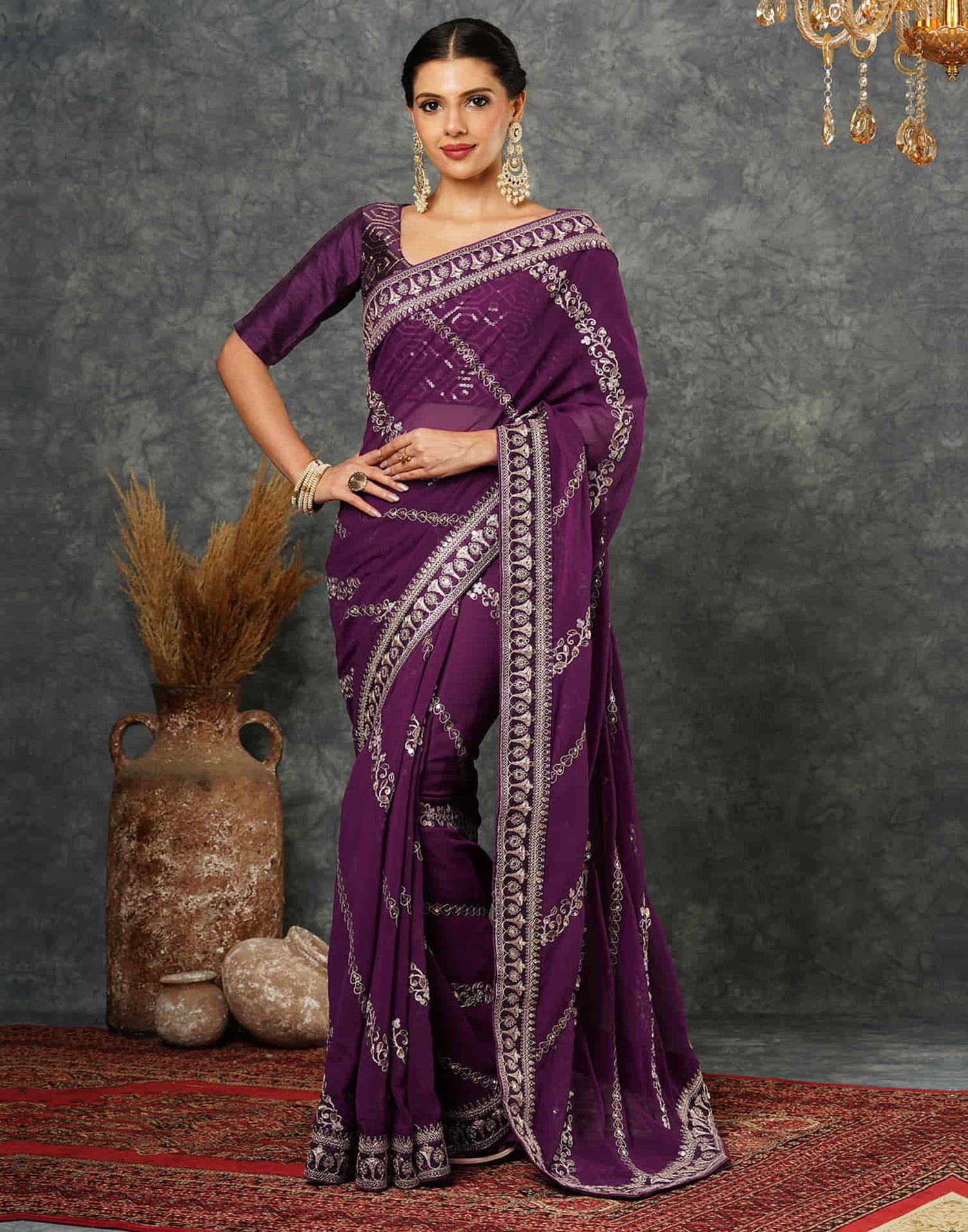 Wine Georgette Embroidery Embroidery Saree