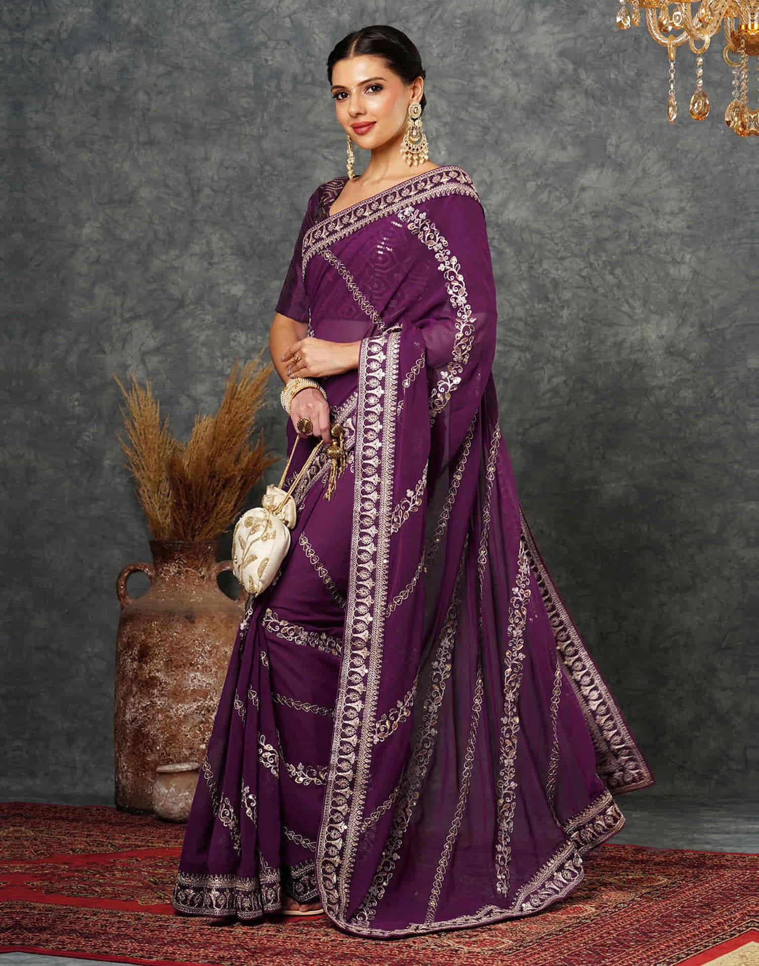 Wine Georgette Embroidery Embroidery Saree