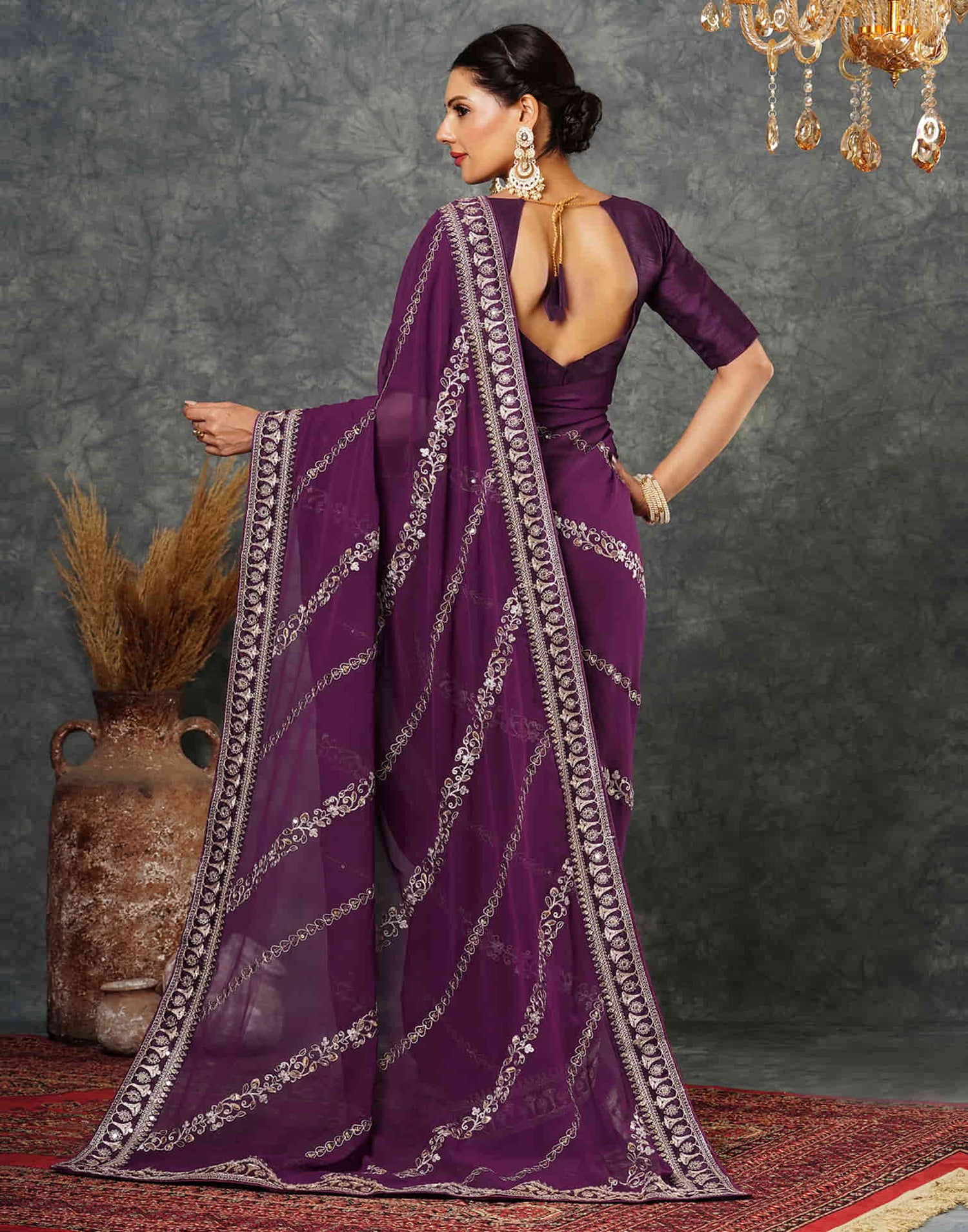 Wine Georgette Embroidery Embroidery Saree