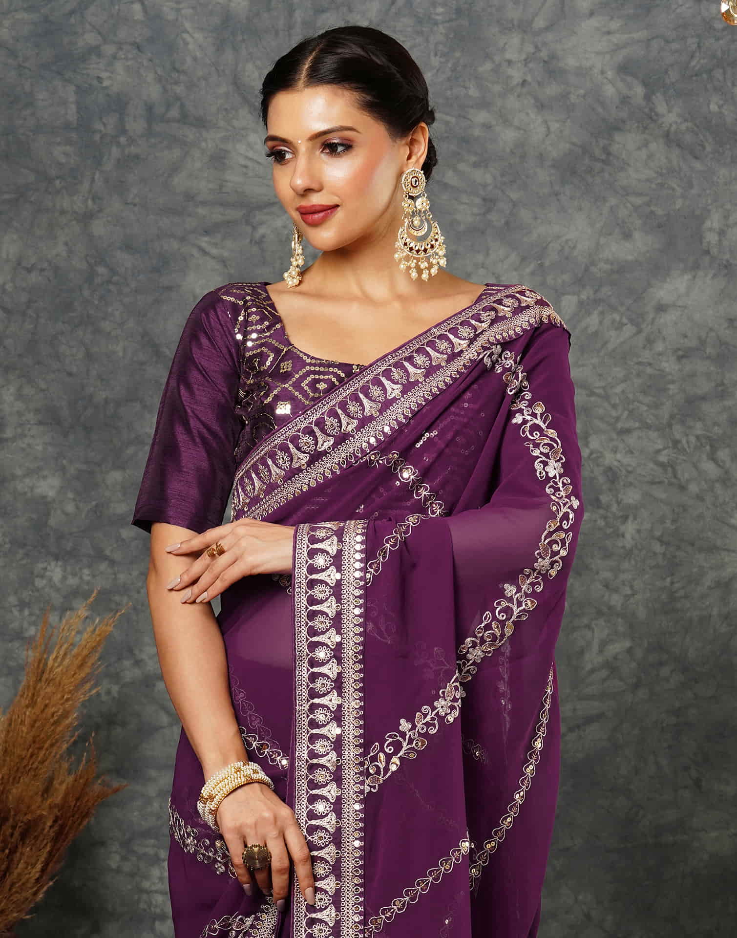 Wine Georgette Embroidery Embroidery Saree